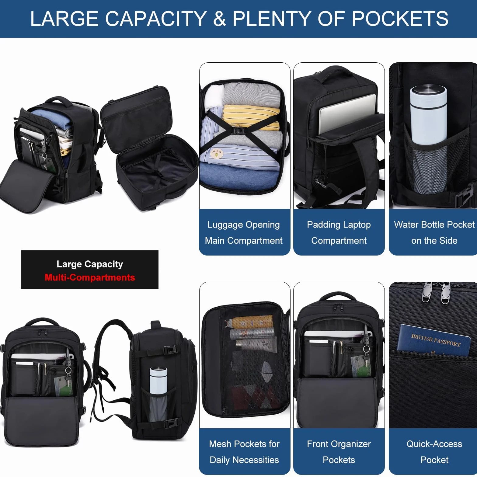 Bagaż Podręczny 40x30x20, Plecak Podróżny Męski i Damski do Ryanair, Wizzair, Vueling,Eurowings,Easyjet,24L Cabin Bag Travel Backpack do Pracy, Biznesu i Podróży Bagaż Laptopa 15.6 Cali, Czarny