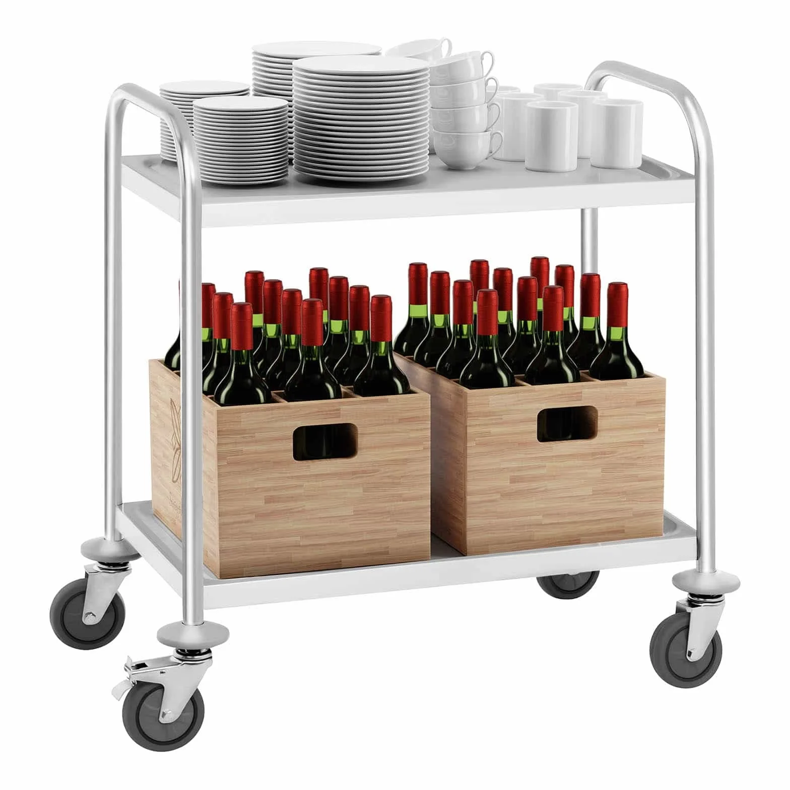 Royal Catering RCSW 2.1H wózek do serwowania, stal nierdzewna, wózek kuchenny na kółkach, wózek transportowy, 2 półki (nośność: 150 kg, odległość między półkami: 45,5 cm)