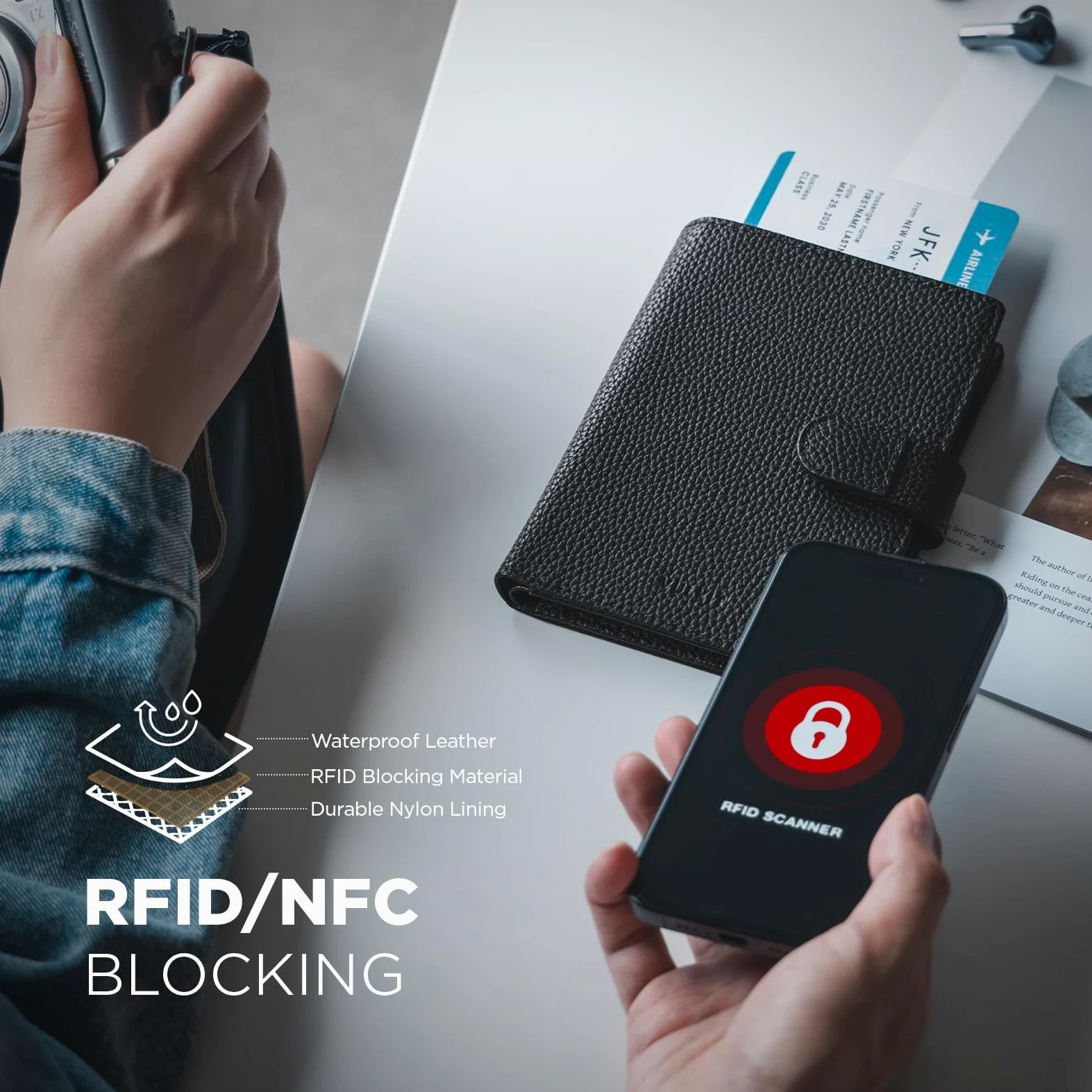 VULKIT Skórzany portfel na paszport na 2 paszporty, wąski, podwójny uchwyt na paszport, blokowanie RFID, portfel podróżny z okienkiem na dowód osobisty, dla kobiet, Czarny (Grain Black), 6.1 x 4.7 x