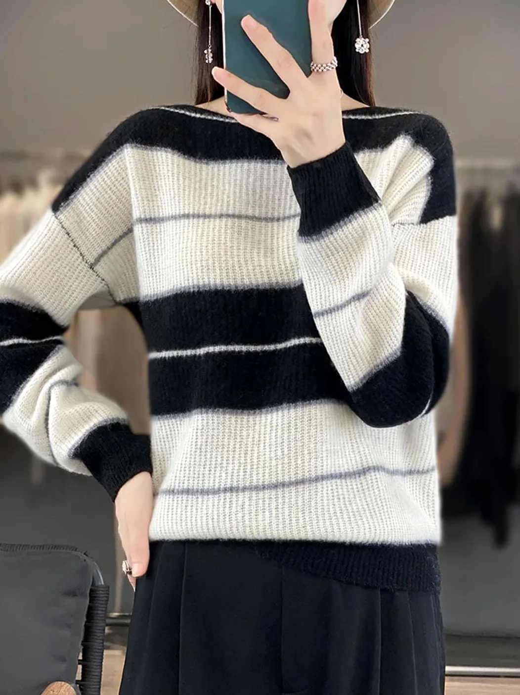 Damski sweter z długim rękawem oversize sweter z wełny merynosów w paski na co dzień kaszmirowa dzianina