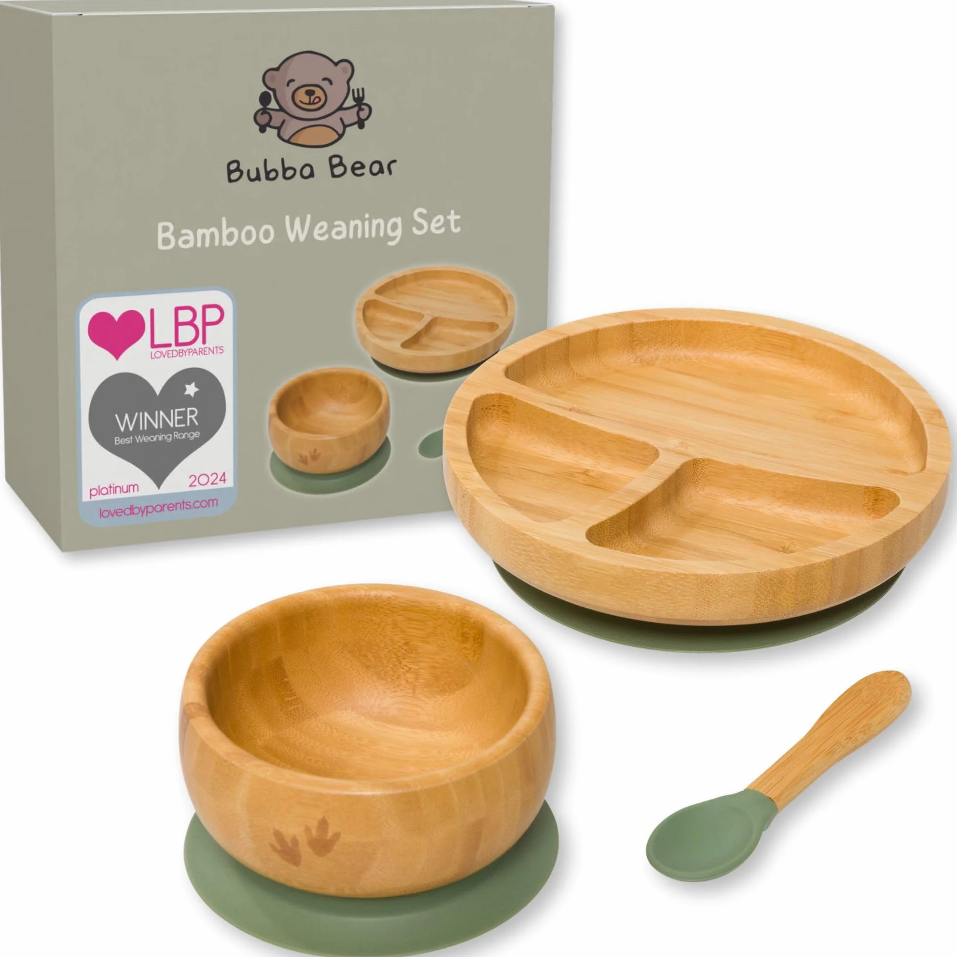 Bubba Bear Zestaw misek i talerzy z przyssawką dla niemowląt i małych dzieci | Weaning Bubba Bear e-book | zielony bambus