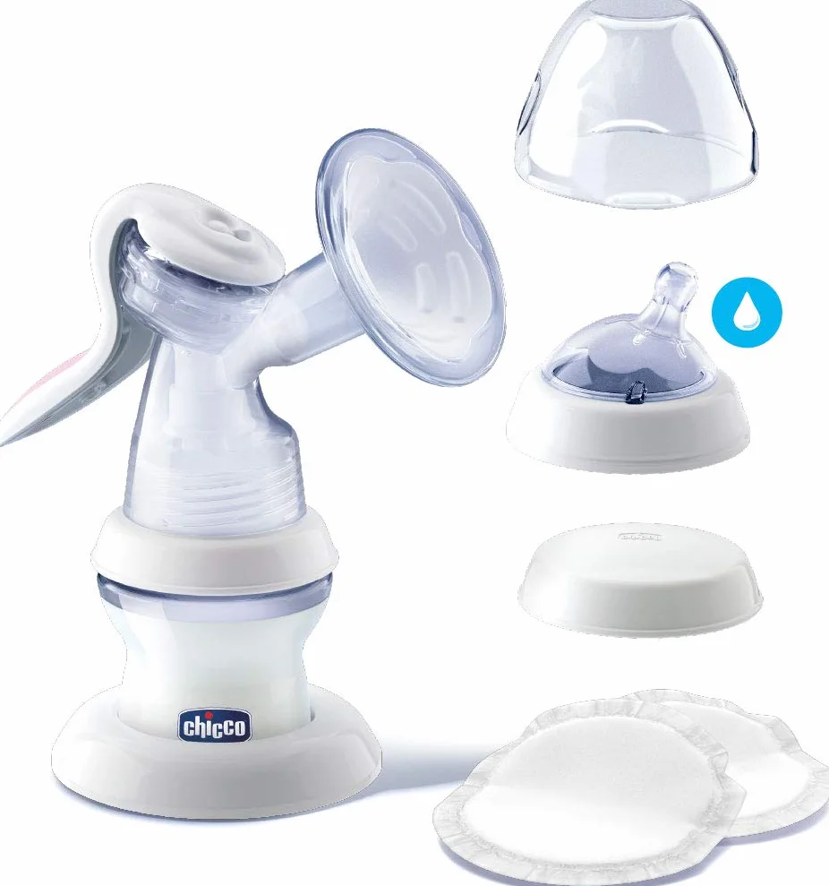 Chicco Laktator Manualny Natural Feeling, Wygodny i Szybki Laktator, Łatwe Odciąganie Mleka, Ergonomiczny Kształt, z Zakrzywionym Smoczkiem w Zestawie, z Pokrywką, Butelka dla Niemowląt - 150 ml