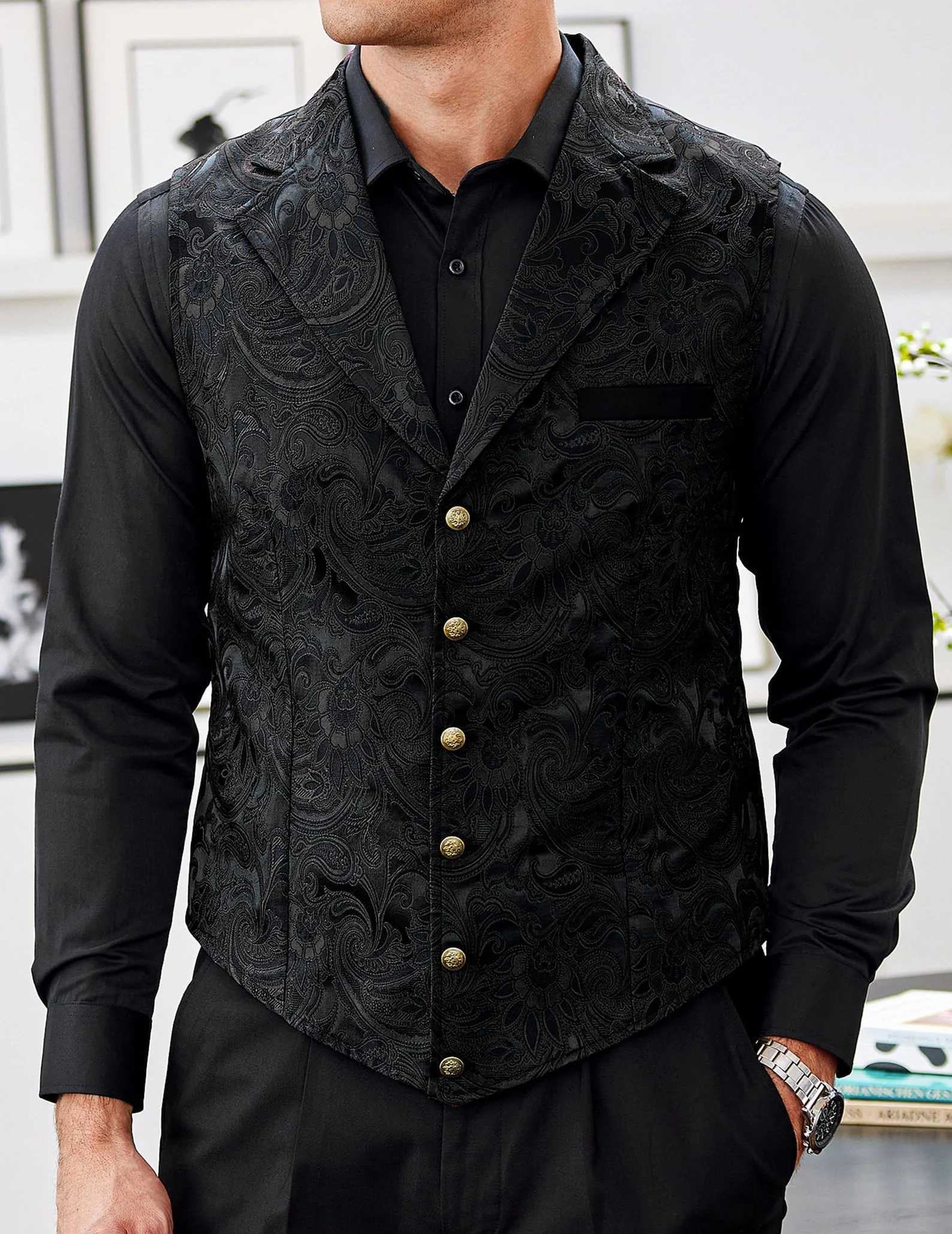 COOFANDY Black Dress Vest for Men Paisley Floral Suit Vest Tuxedo Waistcoat Slim Fit for Prom Wedding Party Black, Medium