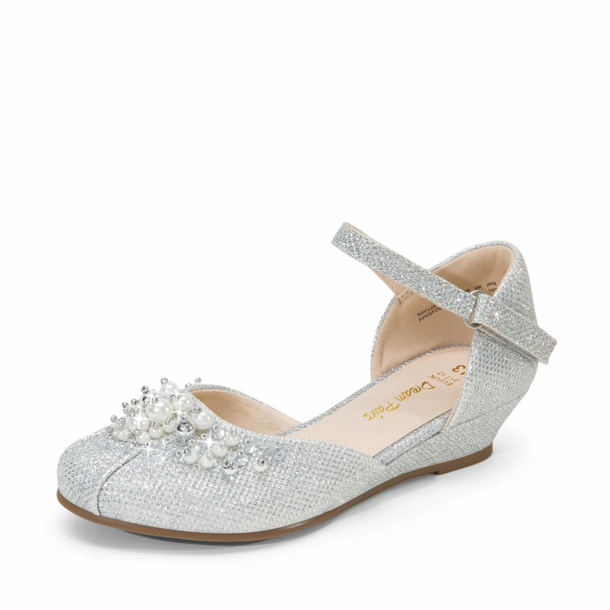 DREAM PAIRS Dziewczęce buty do sukienki maluch małe duże dziewczynki obcasy niskie koturny czółenka z perłami stras dla dziewczynki kwiat księżniczka wesele