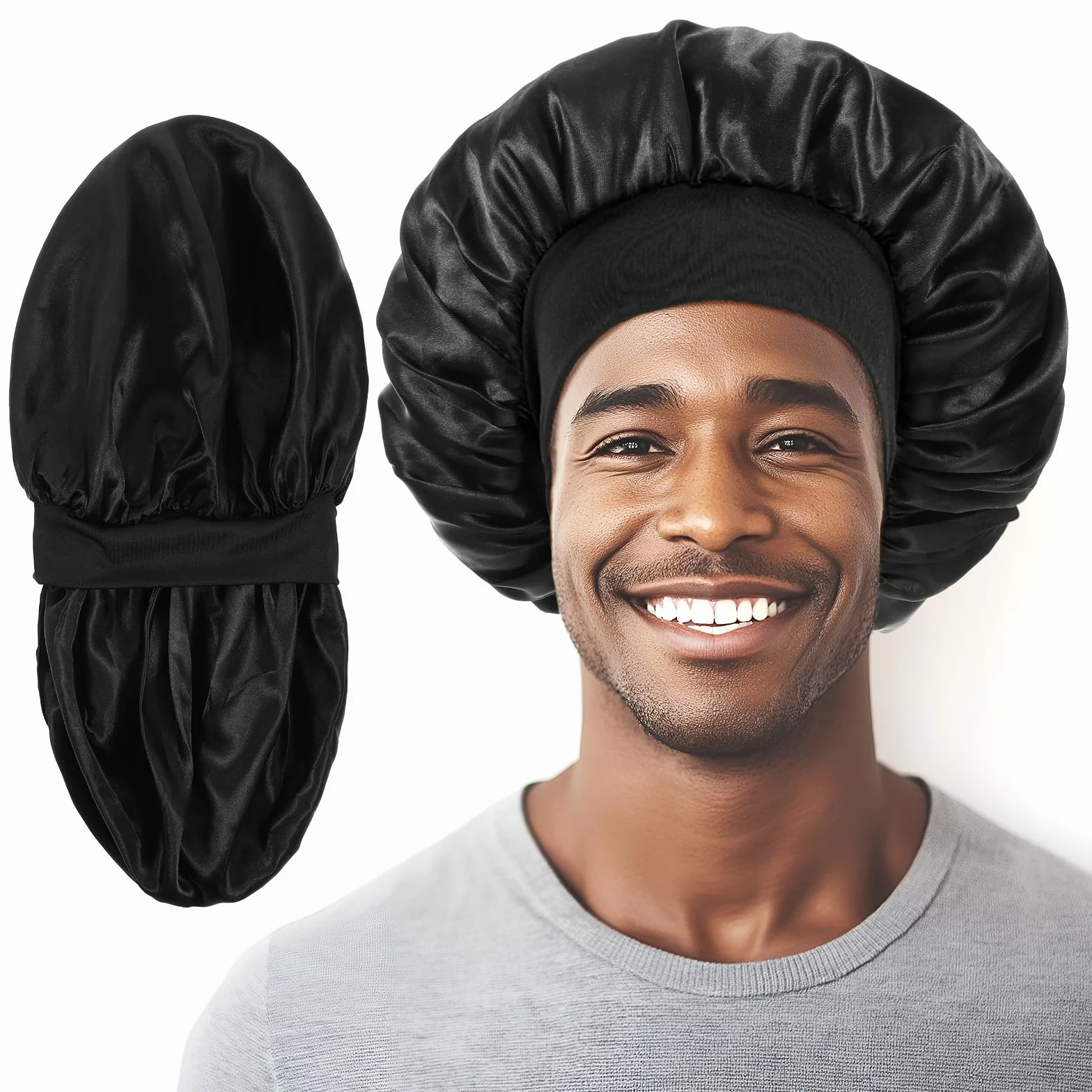 Tyqour Jedwabny czepek do spania, czapka do spania, męska, satynowa Bonnet, podwójna warstwa, miękki jedwabny czepek do spania, regulowany czepek z jedwabiu, czepek do spania z gumowym ściągaczem, dla