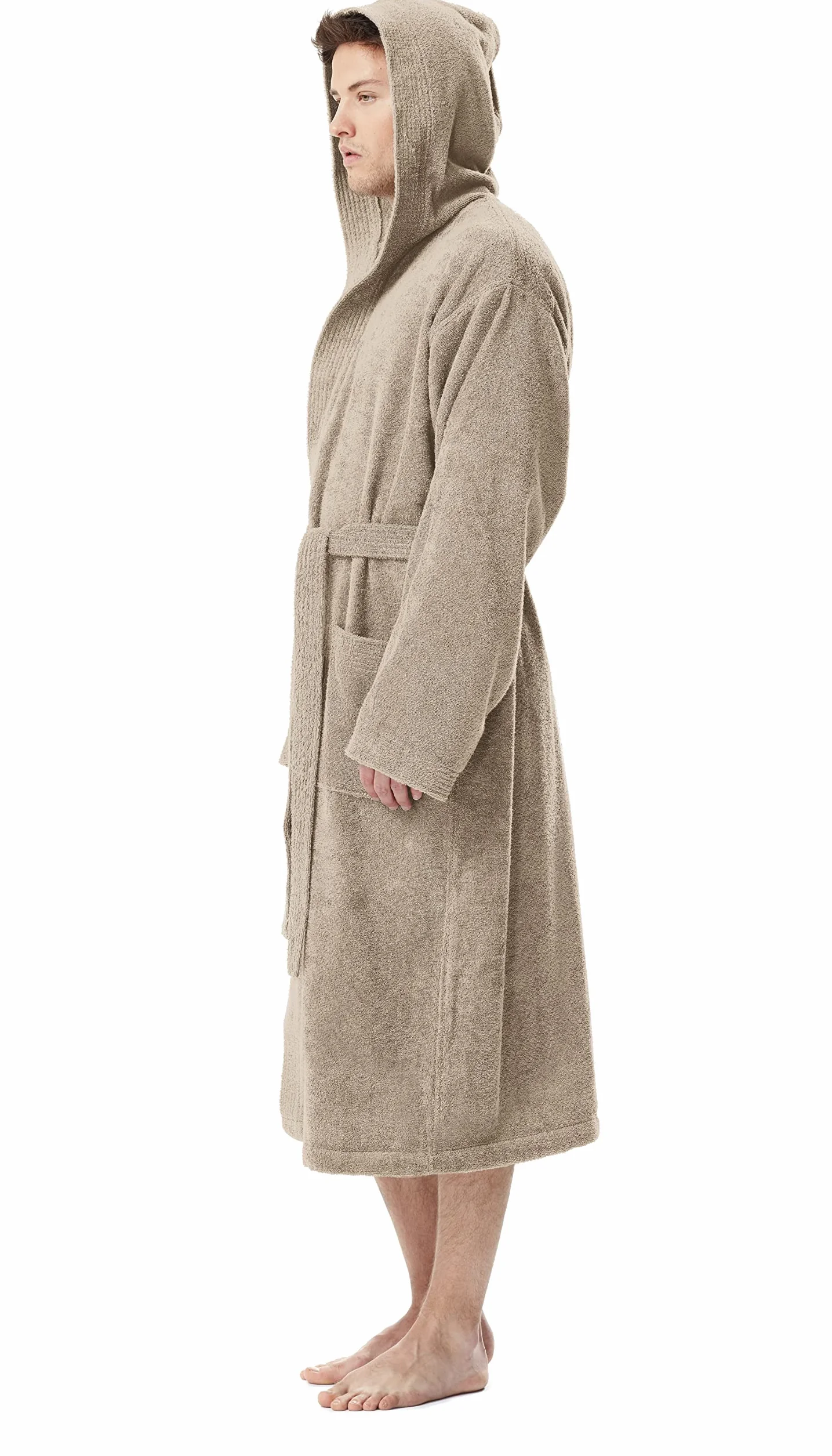 Męski szlafrok z kapturem, długość do łydek, Beżowy, XXL-3XL