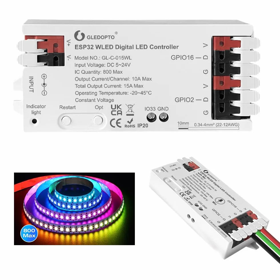 GLEDOPTO ESP32 WLED kontroler taśmy LED 5-24 V tryb dynamiczny RGB DIY port sterowanie aplikacją łatwe okablowanie FCOB adresowalna taśma świetlna do WS2811 WS2812 SK6812 TM1814 WS2813 (015WL)
