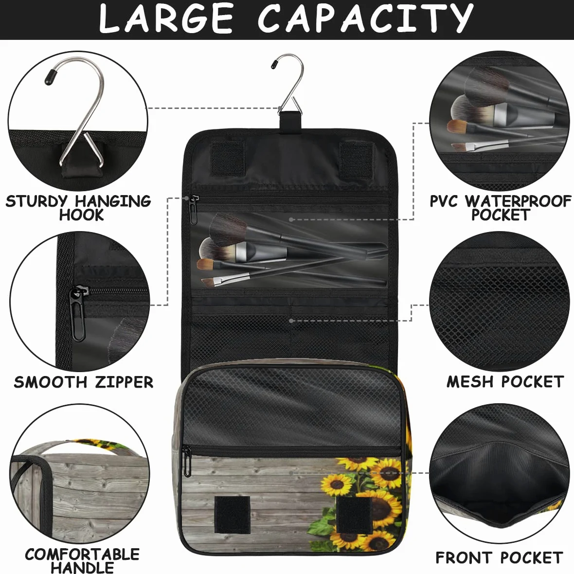 Słonecznik Deski Podróżna Kosmetyczka Słonecznik Retro Mycie Torba Unisex Wiszące przybory toaletowe Kosmetyczka Organizer do makijażu, wielobarwny, Jeden rozmiar