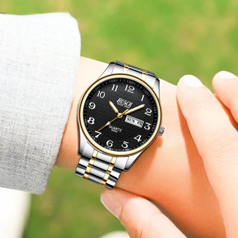 BOSCK Zegarek męski analogowy 40 mm stal nierdzewna wodoodporny z datą i dniem