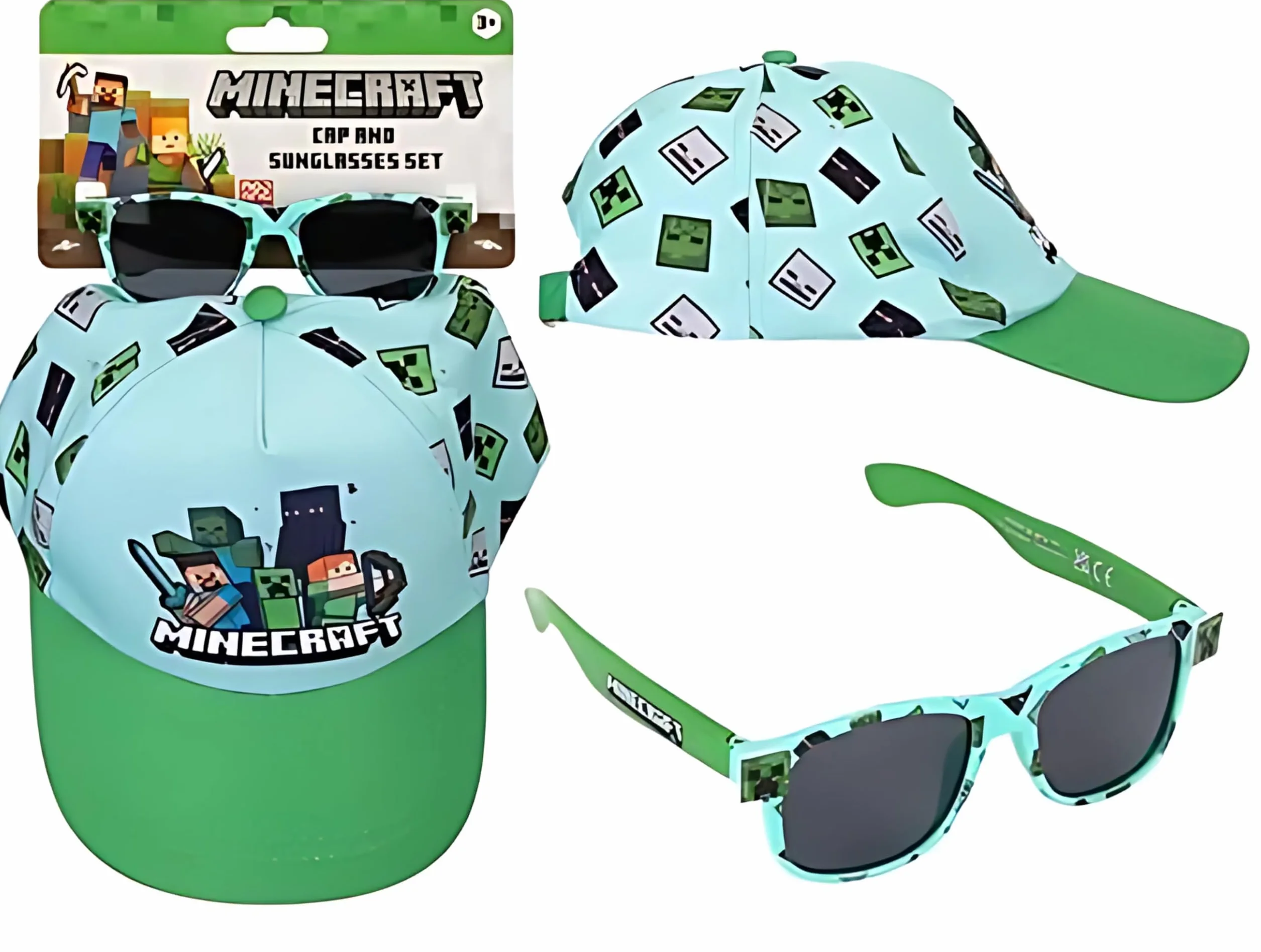 Toys & Gamers Czapka Minecraft i bezpłatny zestaw okularów przeciwsłonecznych, jasnoniebieski i zielony, akcesoria postaci dla dzieci