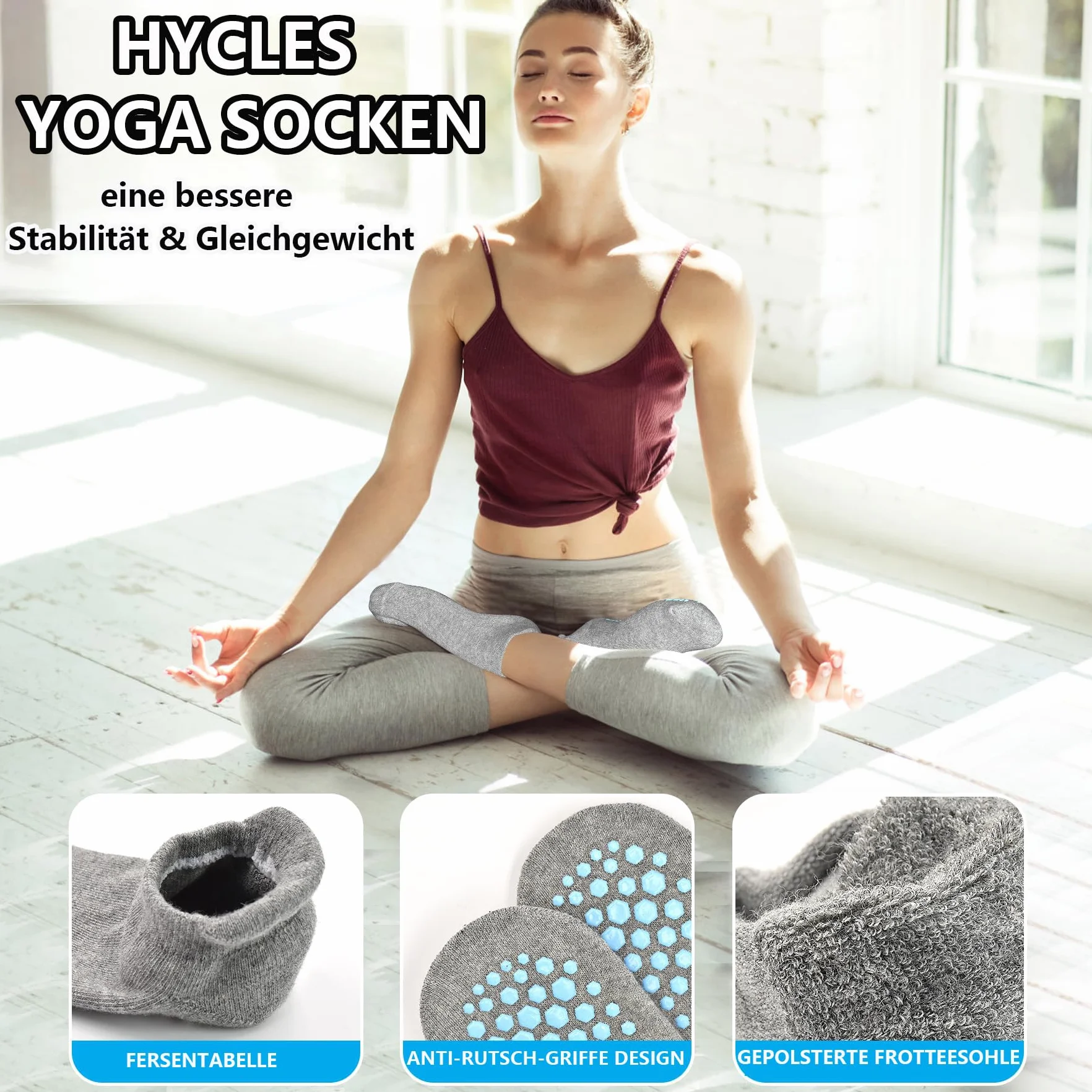 HYCLES Skarpety do jogi, antypoślizgowe, damskie, 4 pary, do jogi, pilatesu, tańca, baletu, trampoliny, szpitala 35-43