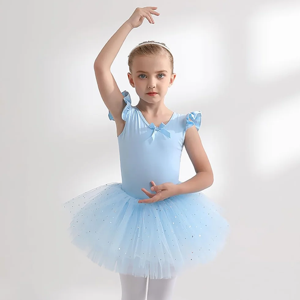 Dziewczęca sukienka baletowa spódnice tutu dla dziewczynek 4-warstwowe tiulowe body do tańca baletowego Leotard sukienka gimnastyczna z krótkim rękawem balerina dla dziewczynek