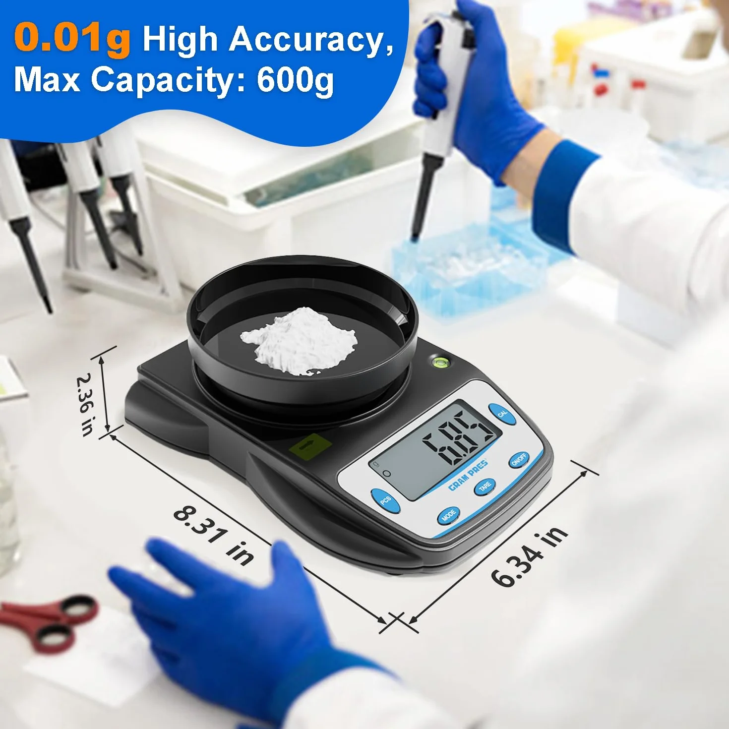 GRAM PRES Cyfrowa waga laboratoryjna 600 g x 0,01 g, dokładność, elektroniczna, precyzyjna waga gramowa, waga analityczna, waga naukowa, do biżuterii, proszku, monet itp.