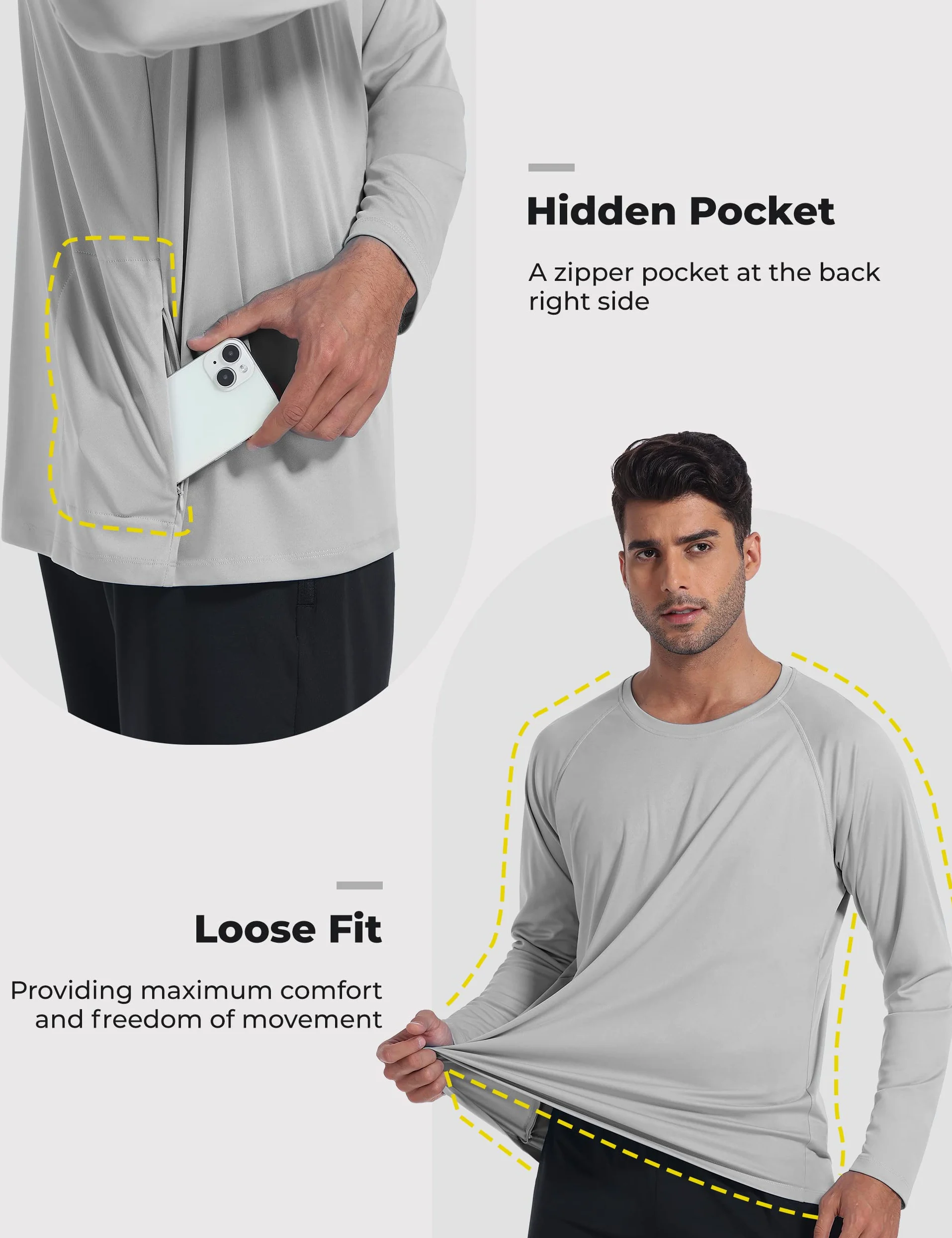 Desol Męska koszulka Rashguard z kieszeniami UV, UPF 50+, ochrona przed słońcem, koszulka z długim rękawem, do surfowania, biegania, pływania, wędrówek