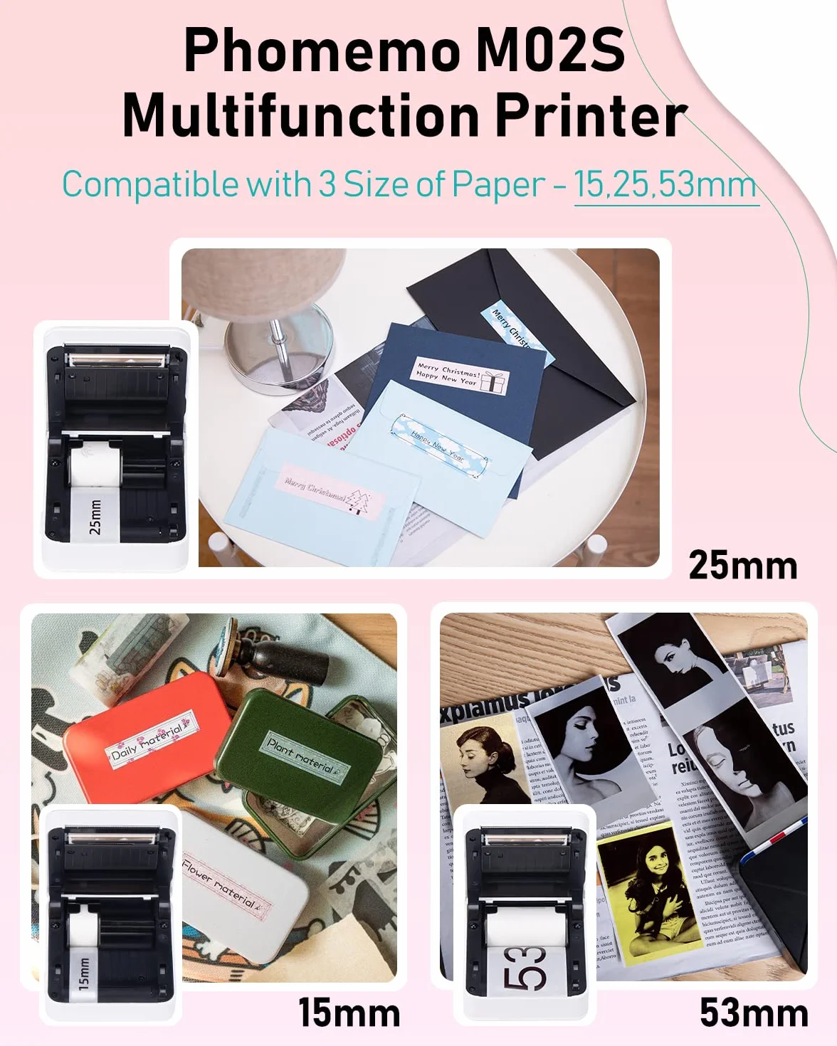 Phomemo M02S kieszonkowa drukarka 300 DPI do smartfonów, przenośna drukarka etykiet, kompatybilna z papierem 15, 25, 53 mm, idealna do nauki, scrapbookingu, zdjęć, prezentów (biała)