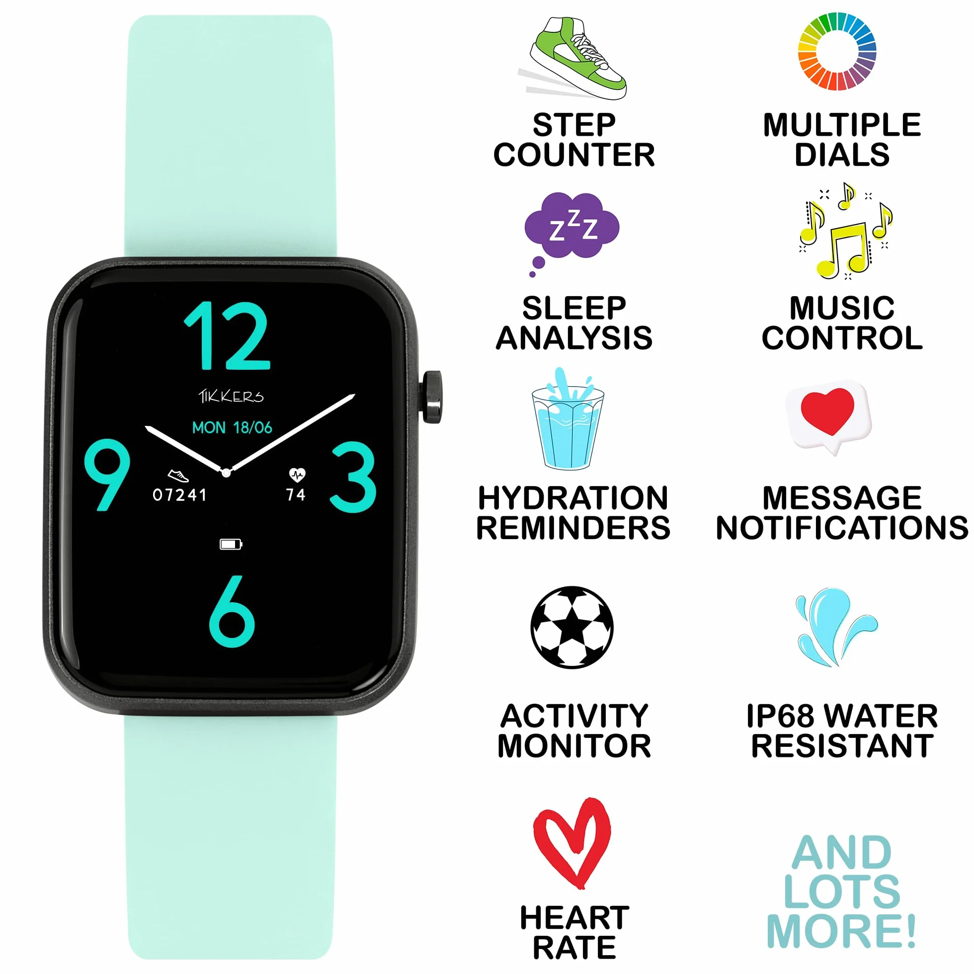 Tikkers Kids Series 13 Smart Watch z trackerem fitness, budzikiem, kamerą, połączeniem GPS, pulsometrem, licznikiem kroków, ekranem dotykowym, niebieskim paskiem silikonowym