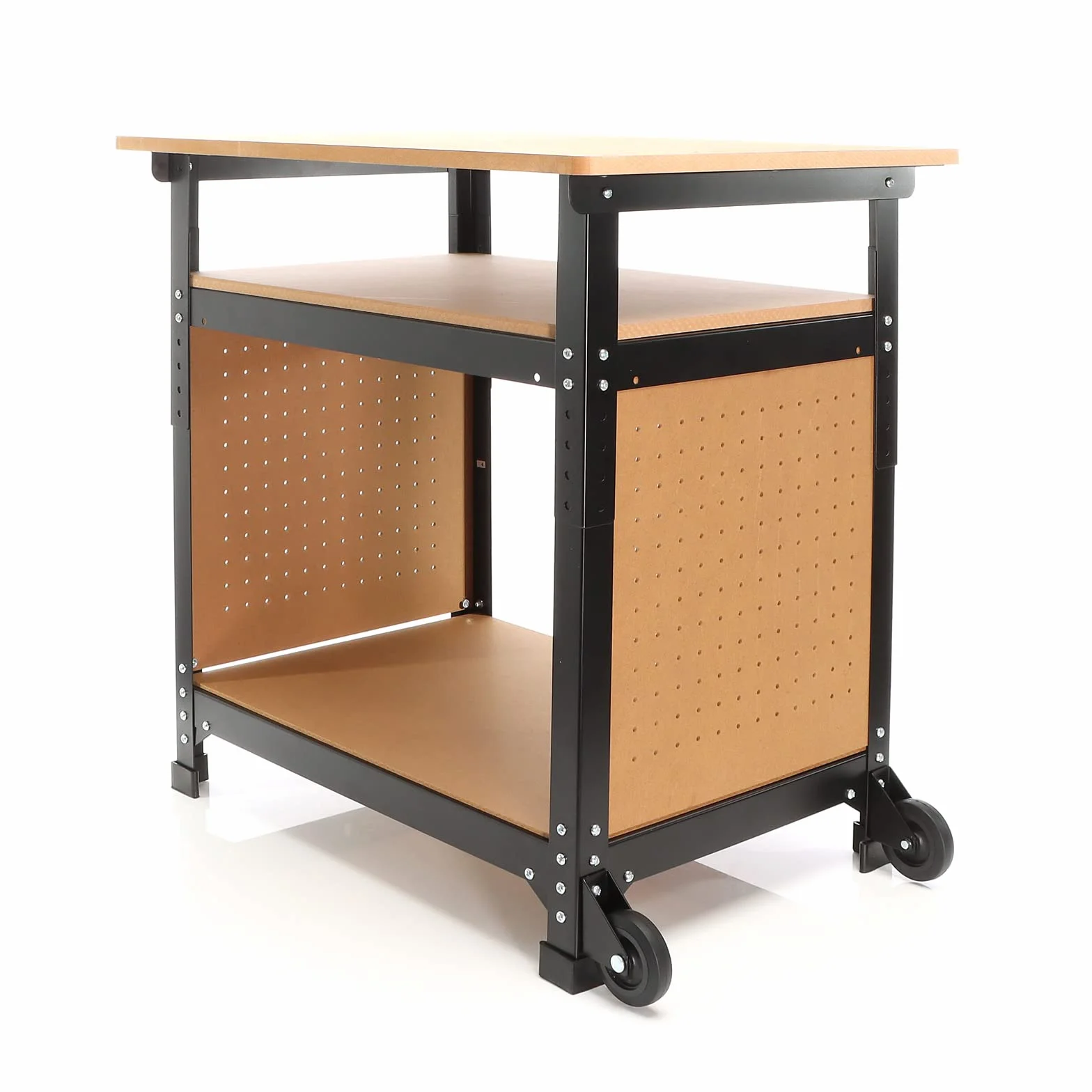 XPOtool Stół warsztatowy, 68 x 50 x 66-82 cm, ruchomy, regulowany na wysokość, z 2 kółkami i 2 półkami, warsztat