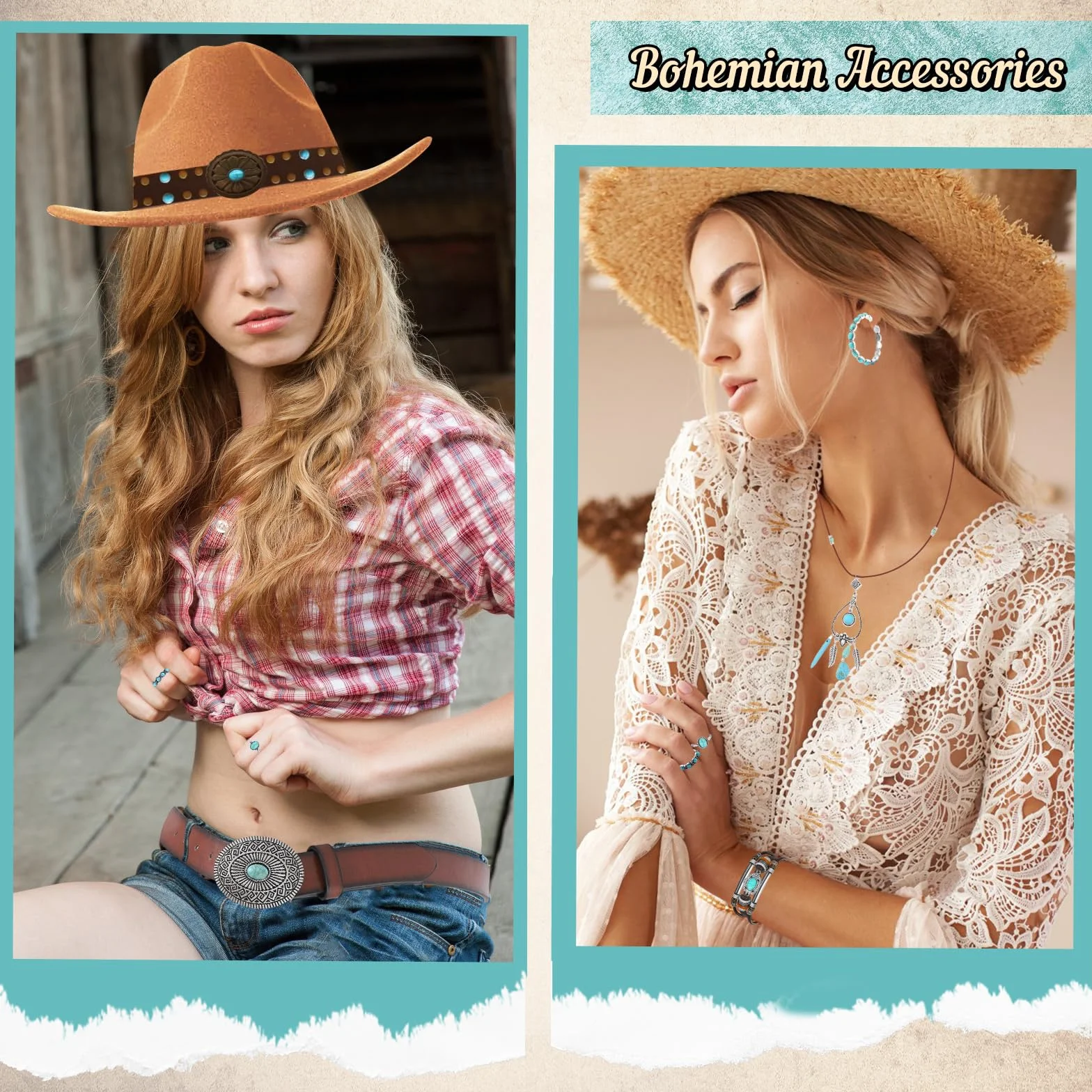 Zestaw 7 sztuk akcesoriów do kapelusza kowbojskiego dla kobiet, zestaw kostiumów western cowgirl z kapeluszami kowbojskimi, paskiem, naszyjnikiem boho, kolczykami, pierścionkami