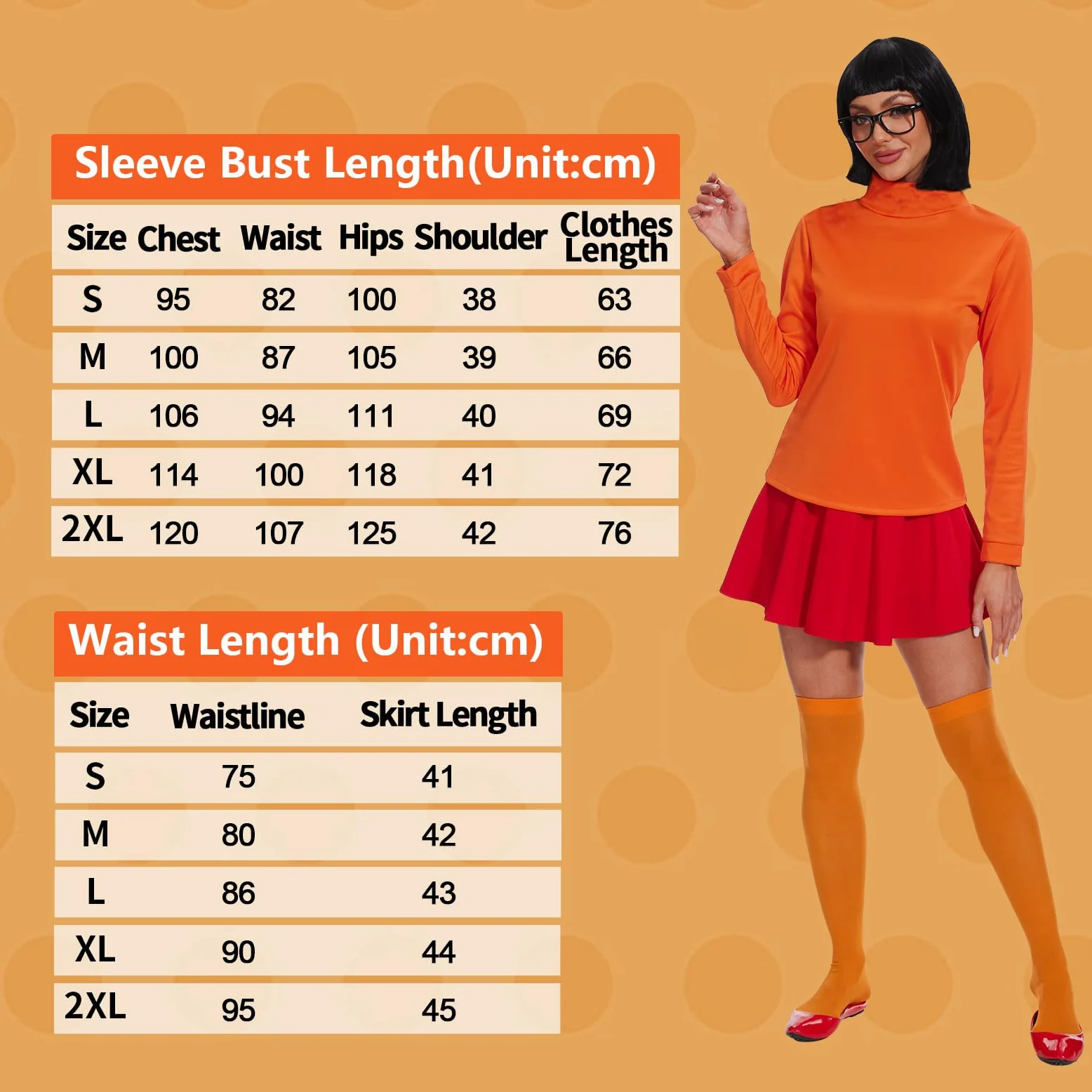 Velma kostium dla kobiet, pomarańczowy golf, spódnica skaterowa, skarpety, kostium Cosplay dla dorosłych, na imprezy, karnawał i Halloween