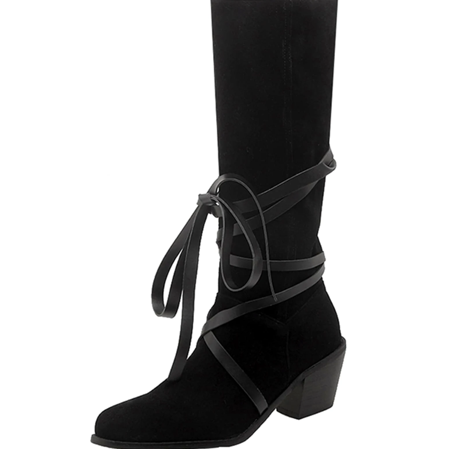CUTEHEELS Damskie buty w stylu vintage, wsuwane na kolanach, wysokie i średnie łydki, z obcasami blokowymi i spiczastym noskiem, czarny, 42 EU