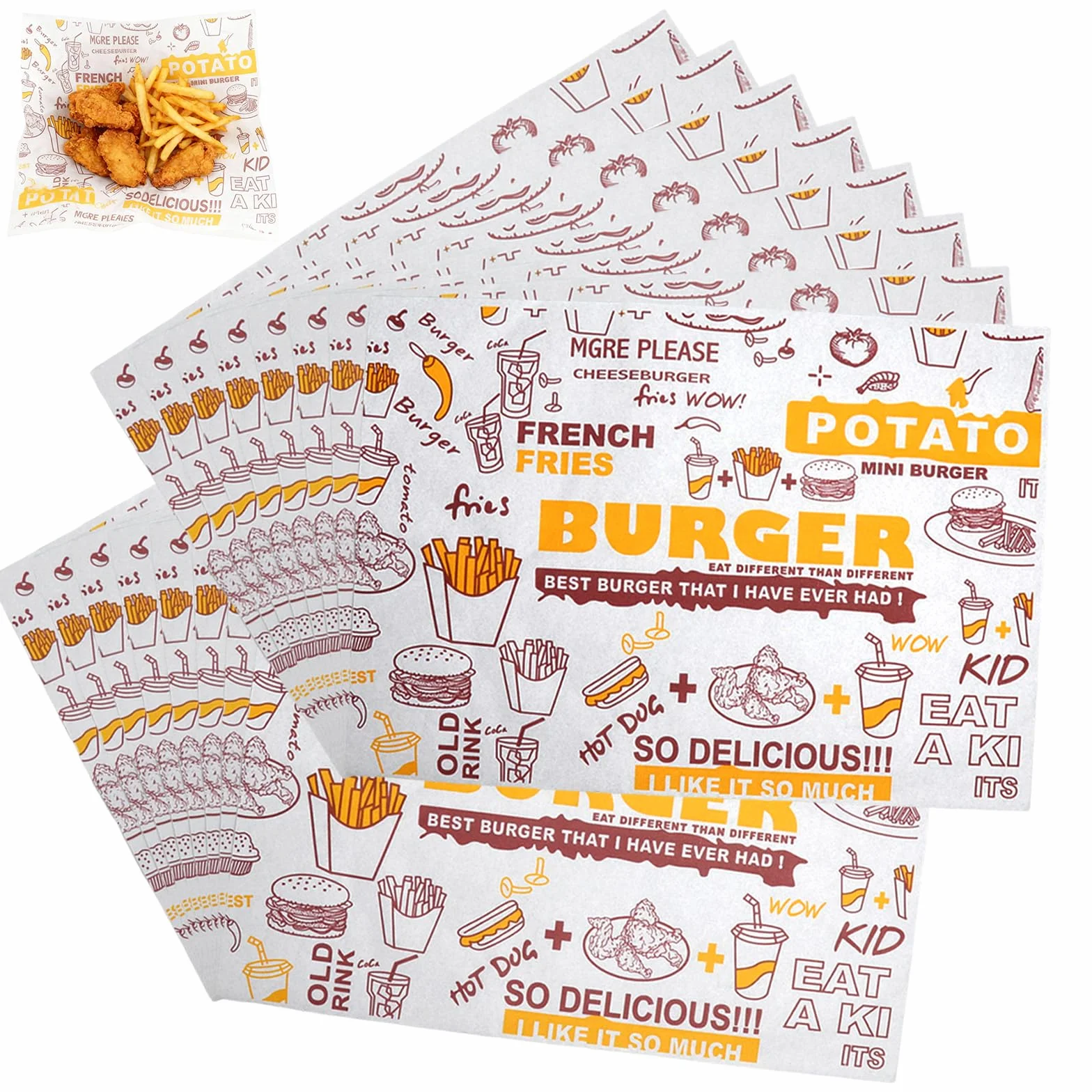 VOSSOT 100 arkuszy papieru do sera, 26 x 36 cm, papier woskowany do artykułów spożywczych, do chleba, serów, do burgerów, frytek, kanapek, masła, sera, 100 arkuszy