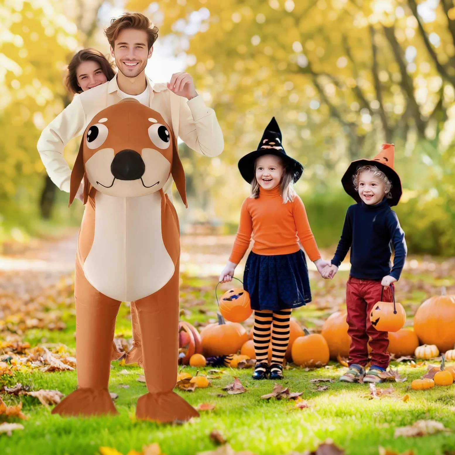 Poptrend Nadmuchiwany kostium jamnika, podwójny kostium dla dorosłych, nadmuchiwany podwójny pies, nadmuchiwany kostium na Halloween, jamnik, kostiumy, dla mężczyzn i kobiet, zabawny fantazyjny