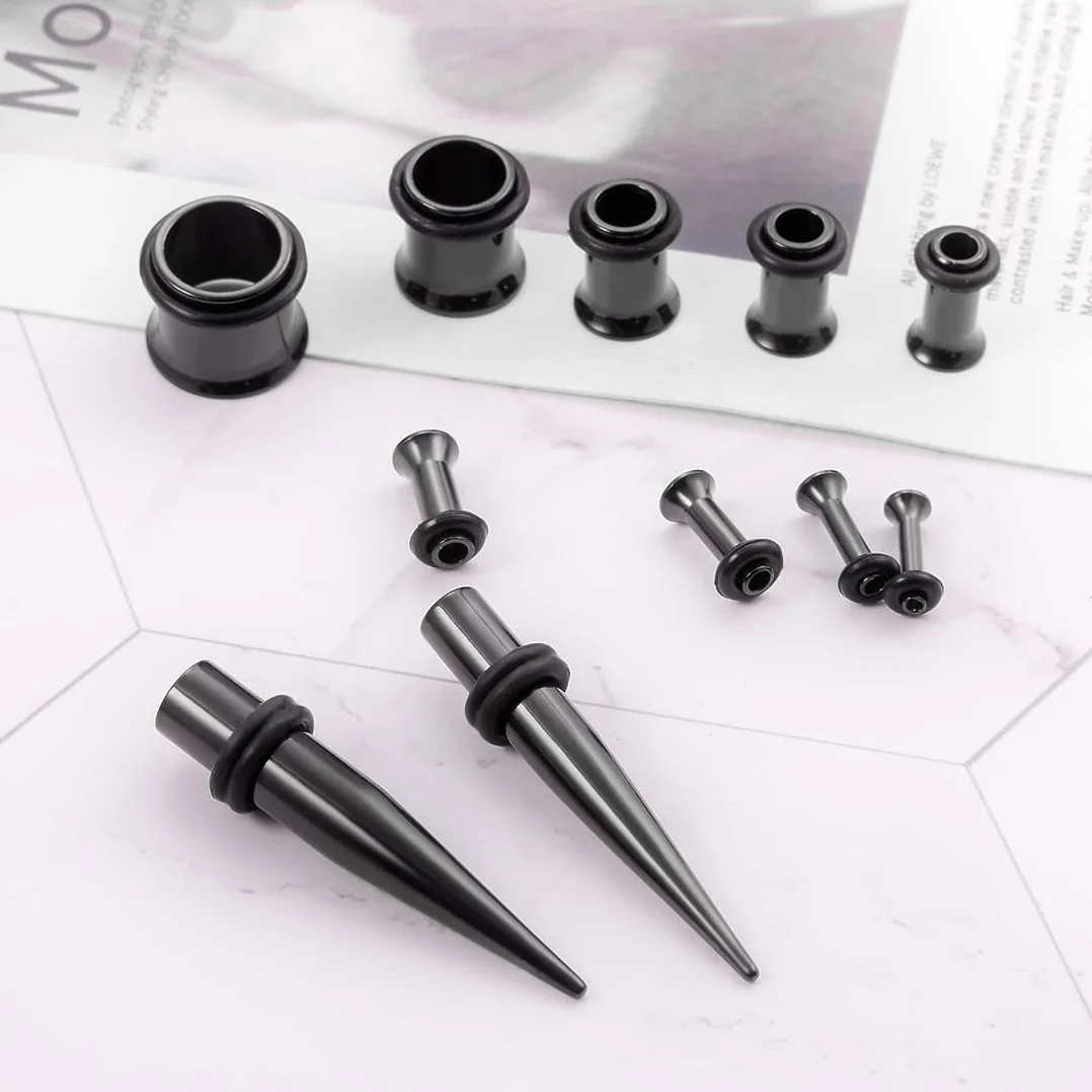 Huacan 36 szt. zestaw do rozciągania uszu ze stali nierdzewnej czarny srebrny tęczowe rozciągacze do uszu stożek punkowy piercing, Stal nierdzewna, guma, stal