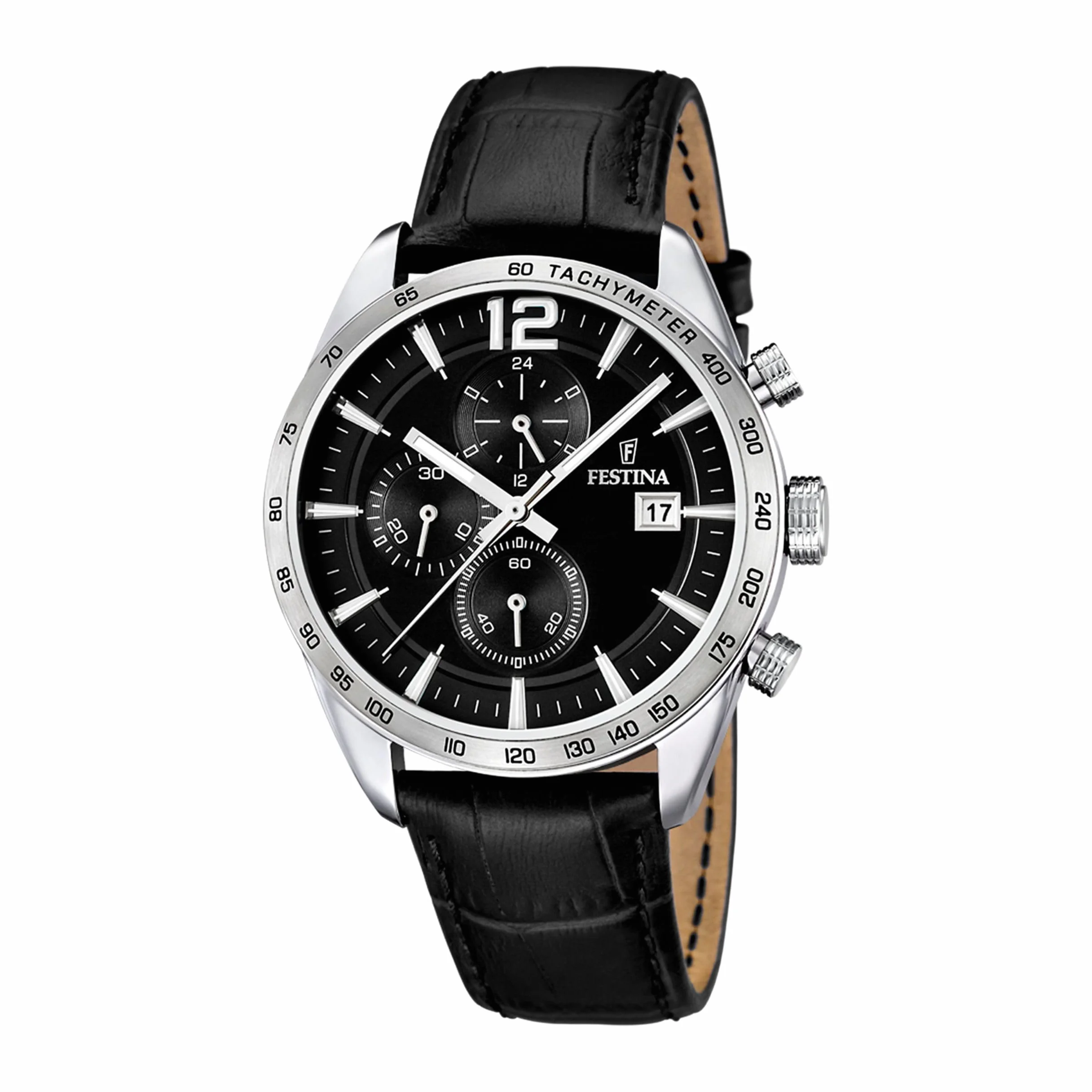 Festina Męski analogowy zegarek kwarcowy ze skóry czarny srebrny