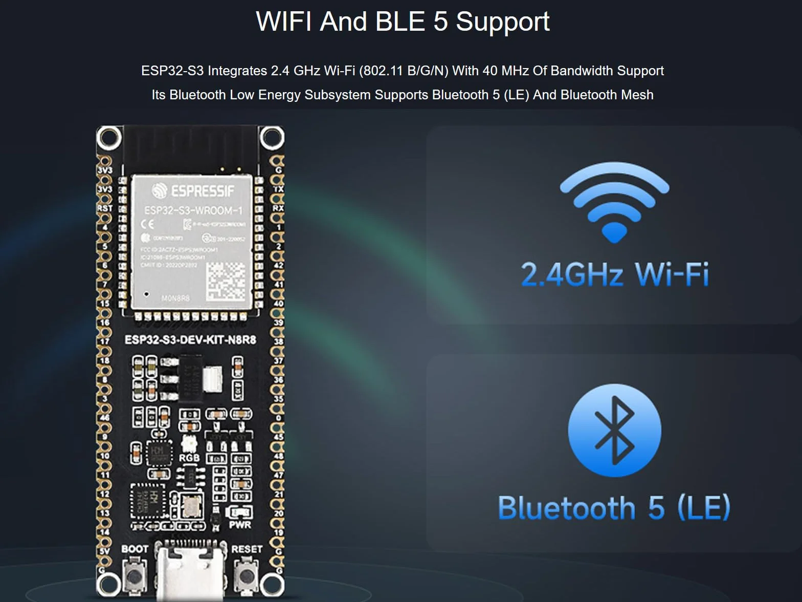 Waveshare ESP32-S3 płyta rozwojowa Wi-Fi z modułem serii ESP32-S3-WROOM-1, dwurdzeniowy procesor 240 MHz, 512 KB SRAM, 8 MB PSRAM, 16 MB Flash, złącze typu C