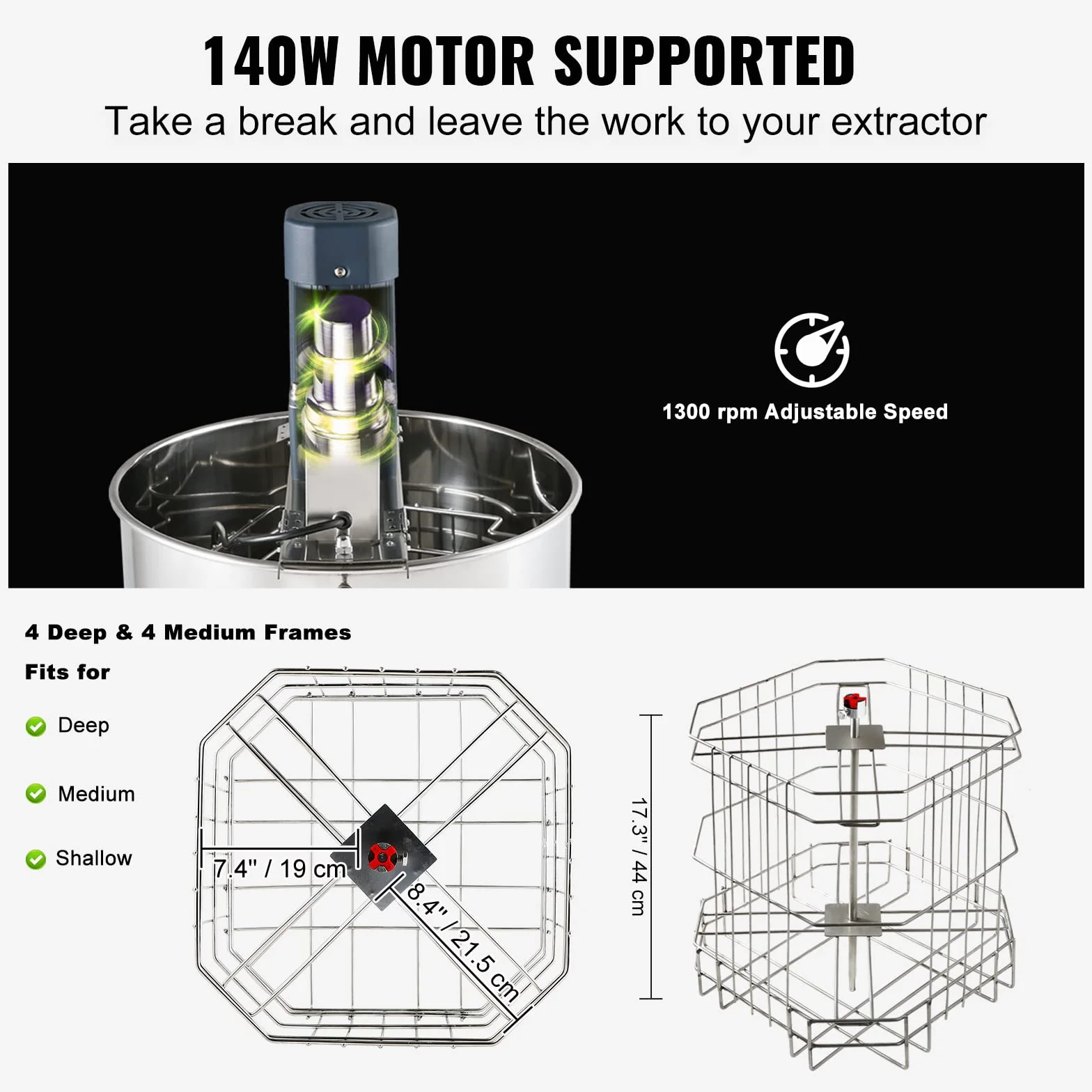 Vevor Electric Honey Extractor 4/8 F Elektryczna Wirówka do Miodu, Srebrny, 140 W