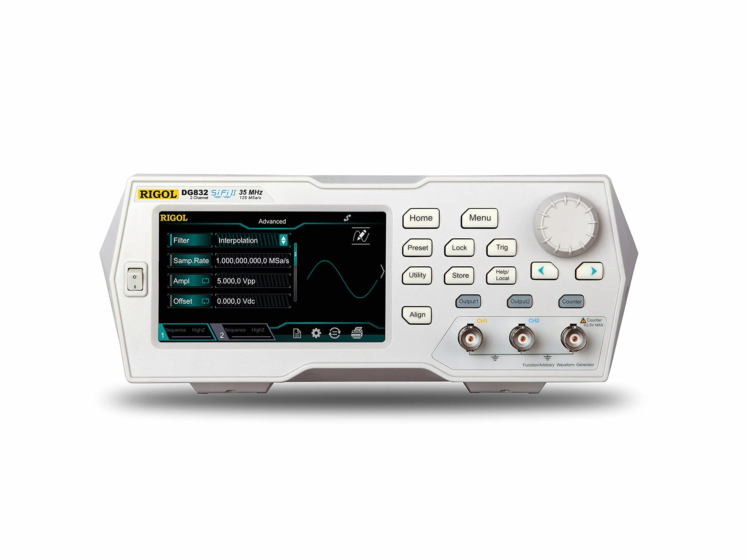 RIGOL DG832 Generator funkcyjny/arbitralny, 35MHz, 125Msa/s, 2Mpts, 2 kanały, 105dBc/Hz szum fazowy, 200ps niski jitter, 16bit, ekran dotykowy, 3 lata bezpłatnej gwarancji