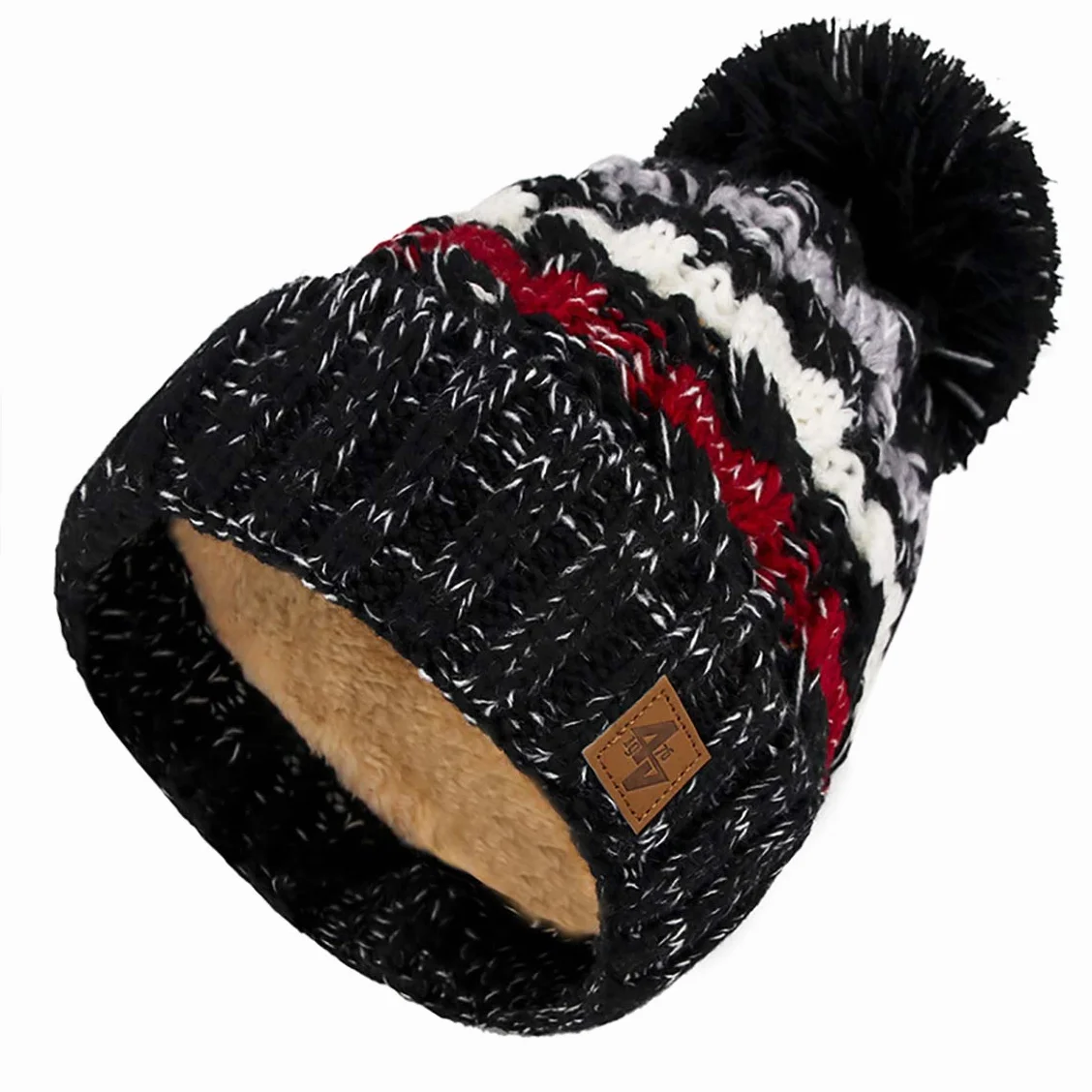 Marka 4sold Męska Damska czapka Dziergana z pomponem i podszewką polarową (Black)