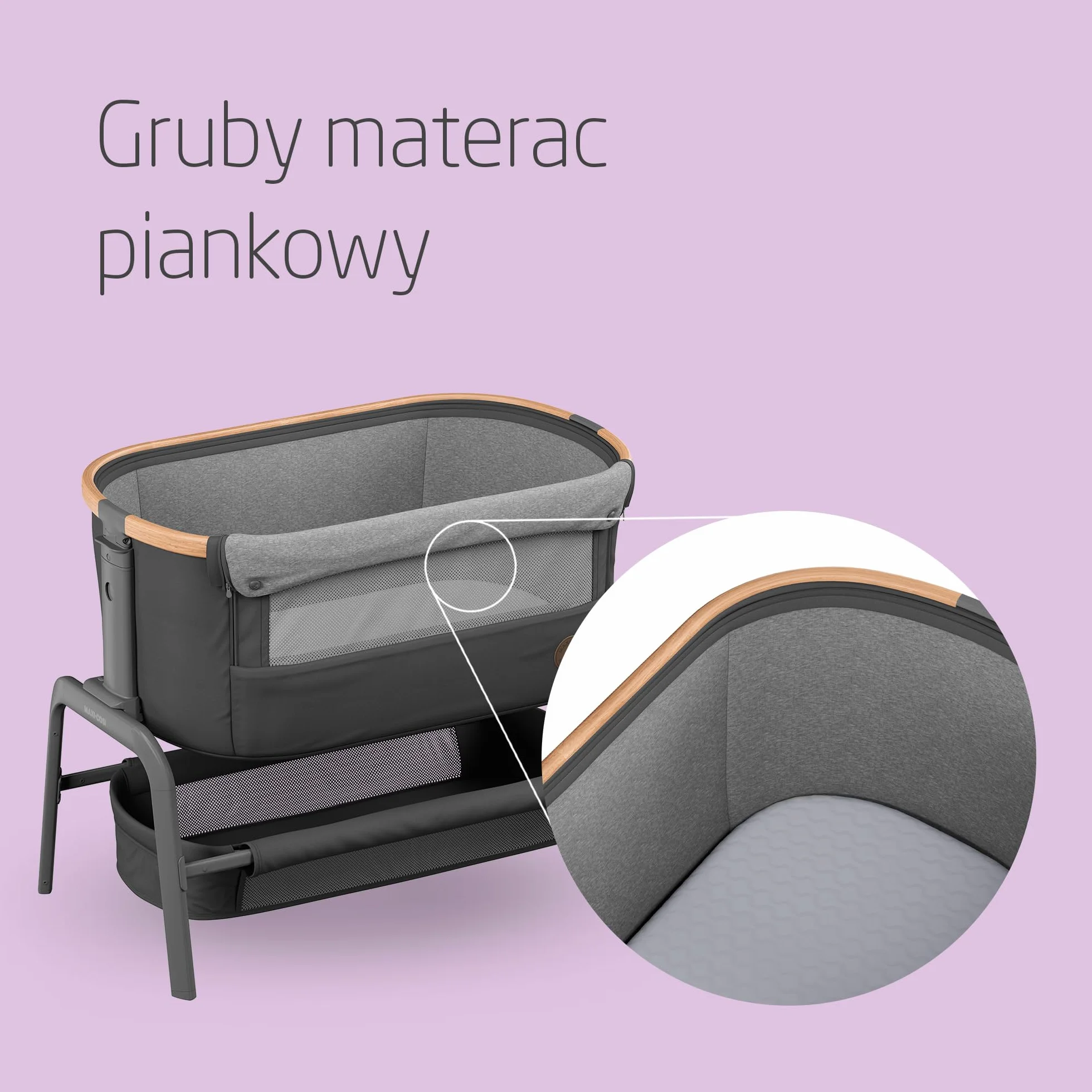 Maxi-Cosi Iora Łóżeczko Przystawka, Co-sleeper , 0–6 mies., maks. 9 kg, 4 Poz. Odchylenia i 5 Wysokości, Łatwe Przesuwanie, Wygodny Materac, Duży Kosz, Łatwe Przenoszenie, Essential Graphite