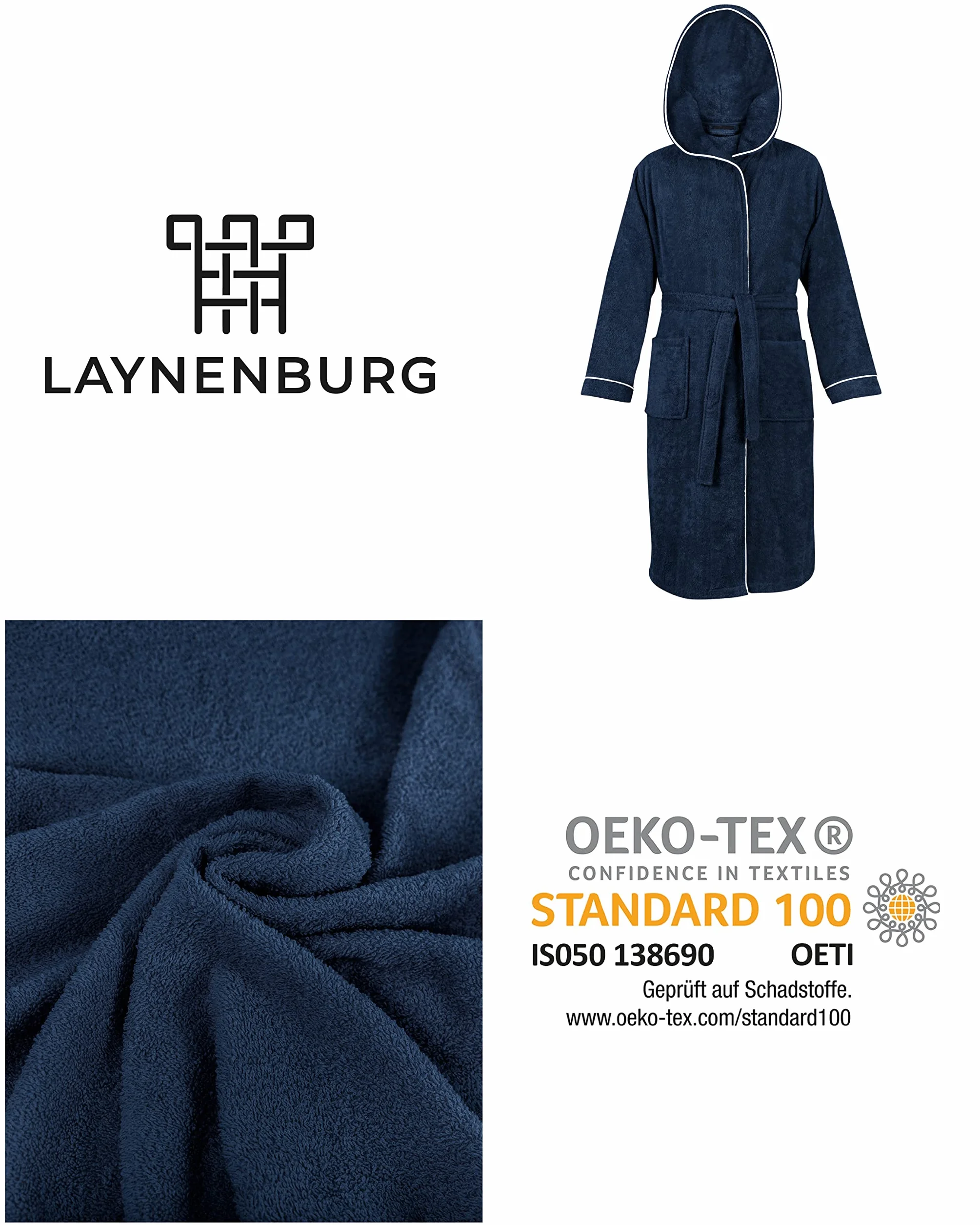 LAYNENBURG Szlafrok męski frotte z kapturem 100% bawełna 380 g/m2 OEKO TEX Standard 100 rozmiar M L XL XXL 3XL