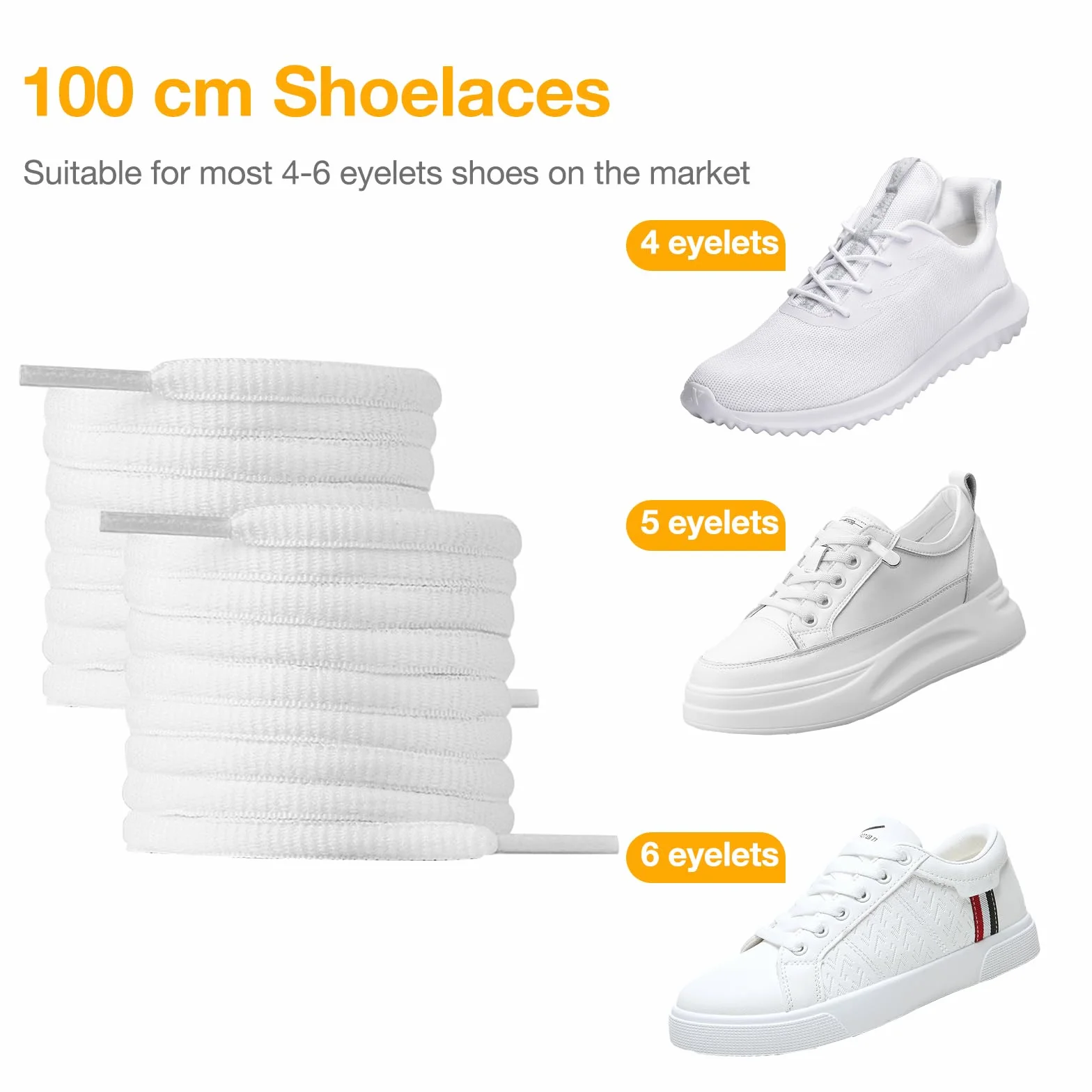 2 pary sznurowadeł klasy premium, białe, odporne na rozerwanie sznurowadła [6 mm szerokości], białe sznurowadła 100 cm, zapasowe Shoelaces do sneakersów, butów sportowych, butów do biegania,