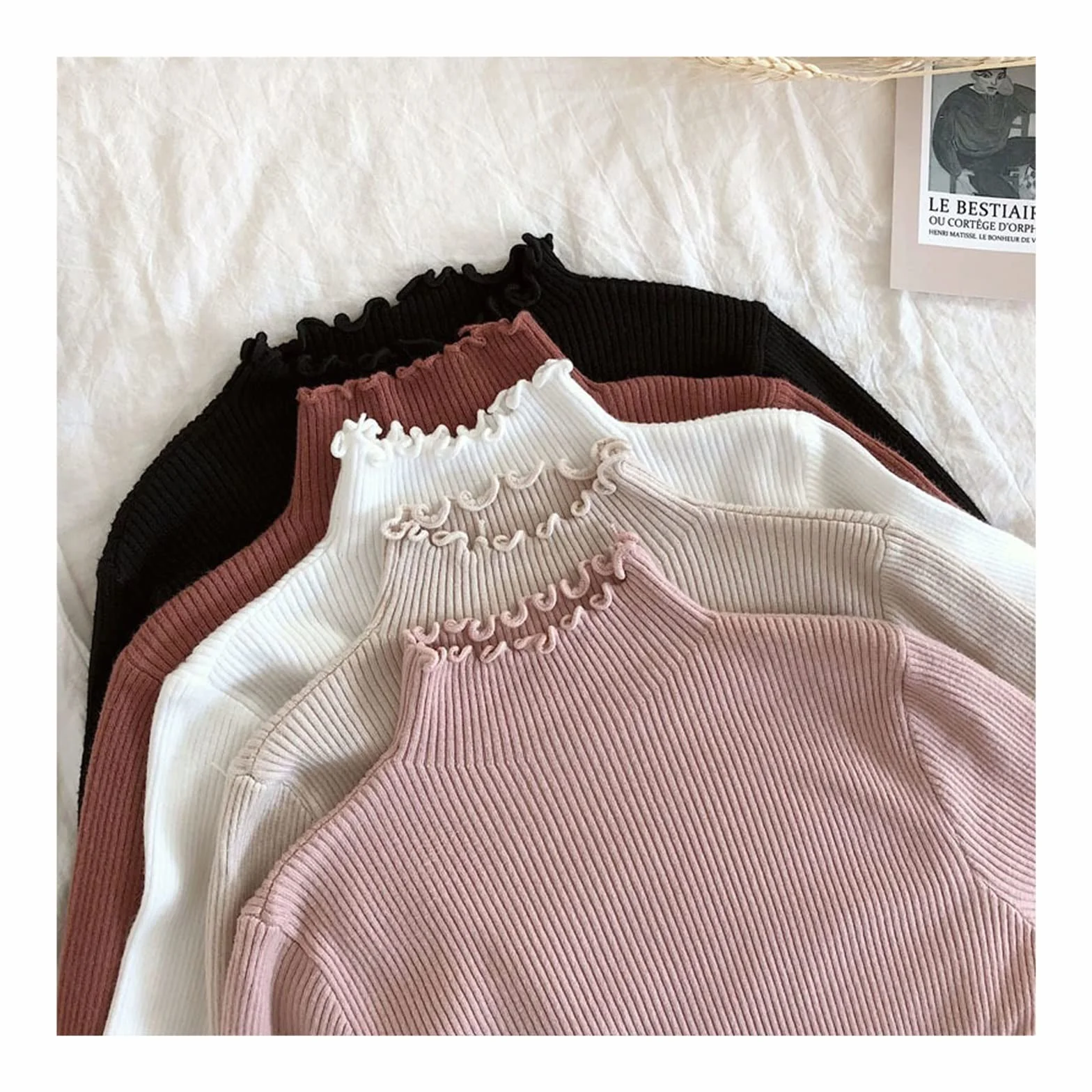 Damskie kardigany Fall Winter Ruffles Sweater Turtleneck Ruched Women Sweaters High Elastic Solid Female Slim Sexy Knitted Pullovers(Schwarz)