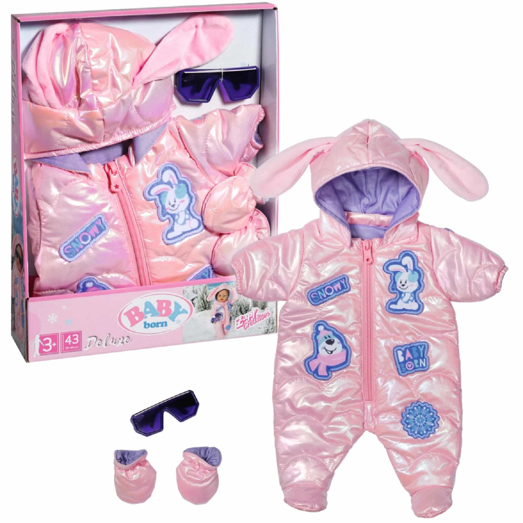 BABY born Kombinezon śnieżny Deluxe 834190 - zimowy strój dla lalek 43 cm z pasującymi rękawiczkami i okularami przeciwsłonecznymi - odpowiedni dla dzieci od 3 lat