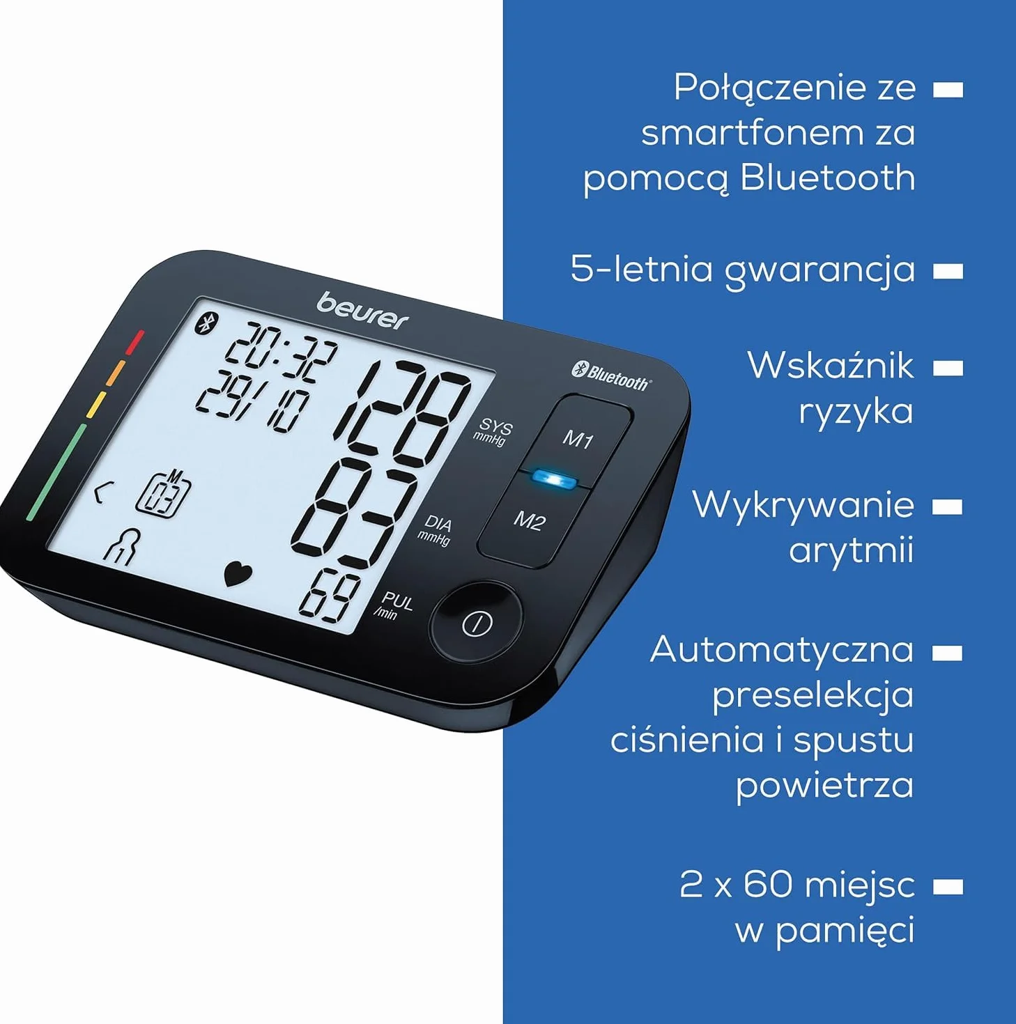Beurer BM 54 Ciśnieniomierz naramienny, zatwierdzony klinicznie, wyświetlacz XL, połączenie z aplikacją z certyfikowaną ochroną danych, wykrywanie arytmii, mankiet na ramię od 22 do 44 cm