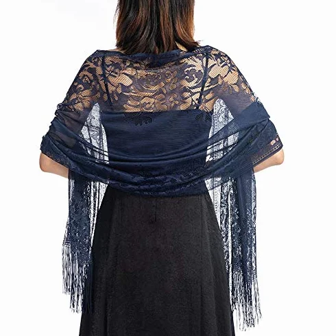 Proumhang Lady Elegance Shawl,Damski Szalik z Koronki w Kwiaty z Frędzlami,Miękki Mesh Fringe Wraps dla Suknie ślubne Wieczorowe Party 185cm x 65cm