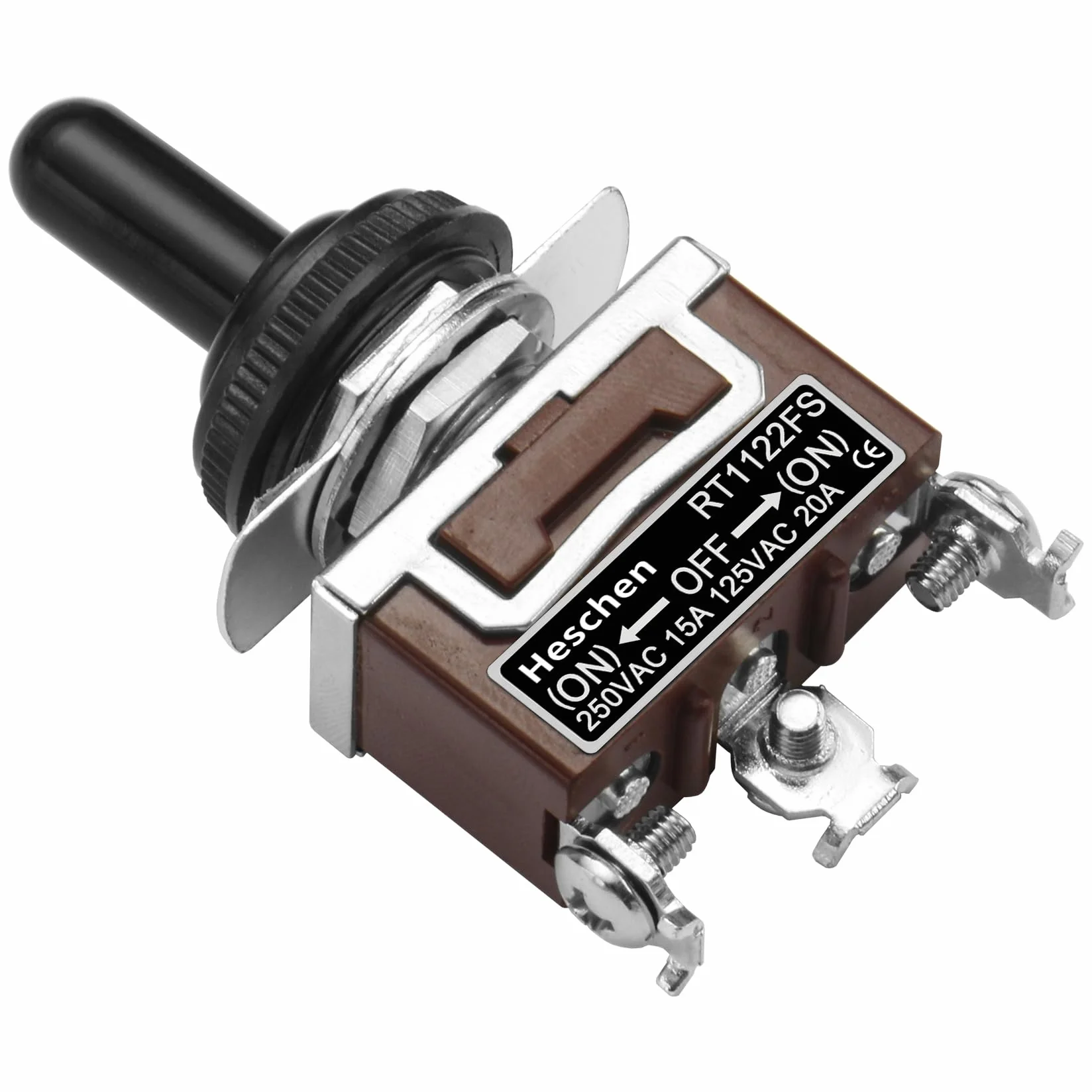 Heschen Metalowy przełącznik dźwigniowy, RT1122FS, SPDT, typ chwilowy, (ON)/OFF/(ON) 3-pozycyjny, 15 A 250 VAC, z wodoodporną nasadką, CE