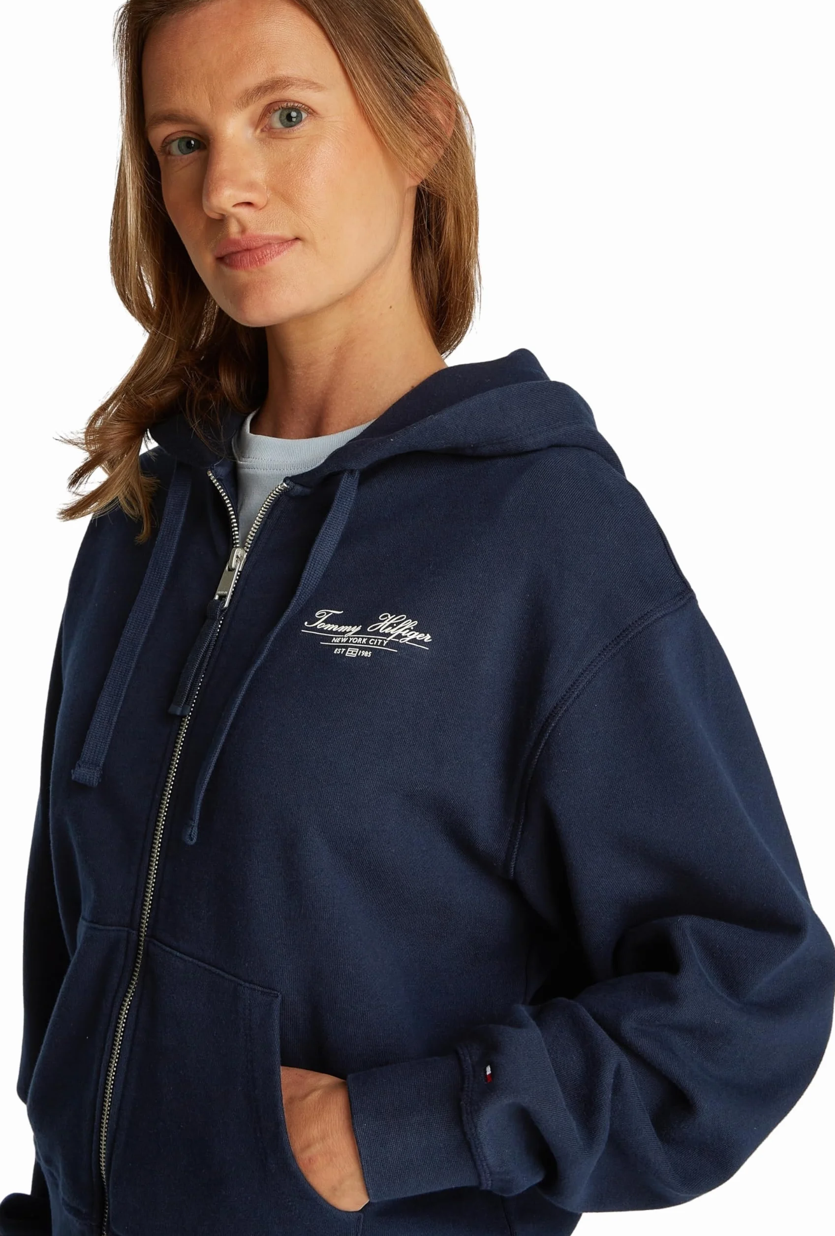 Tommy Hilfiger Damska bluza z kapturem REG Script Zip WW0WW44632, Niebieski (Dark Night Navy), XS