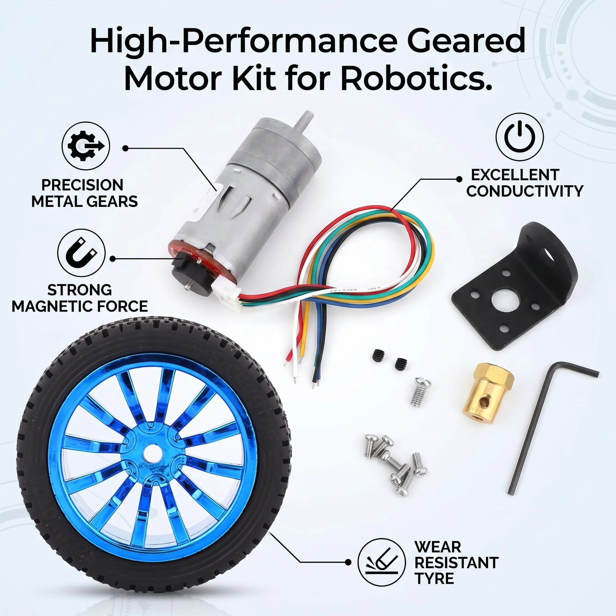 Silnik DC 12V z Przekładnią i Enkoderem, Zestaw Kół do DIY, Metalowy Silnik Redukcyjny 60 Obr./Min, Idealny dla Modelu Robota lub Samochodu Inteligentnego – 65 mm ze Wspornikiem