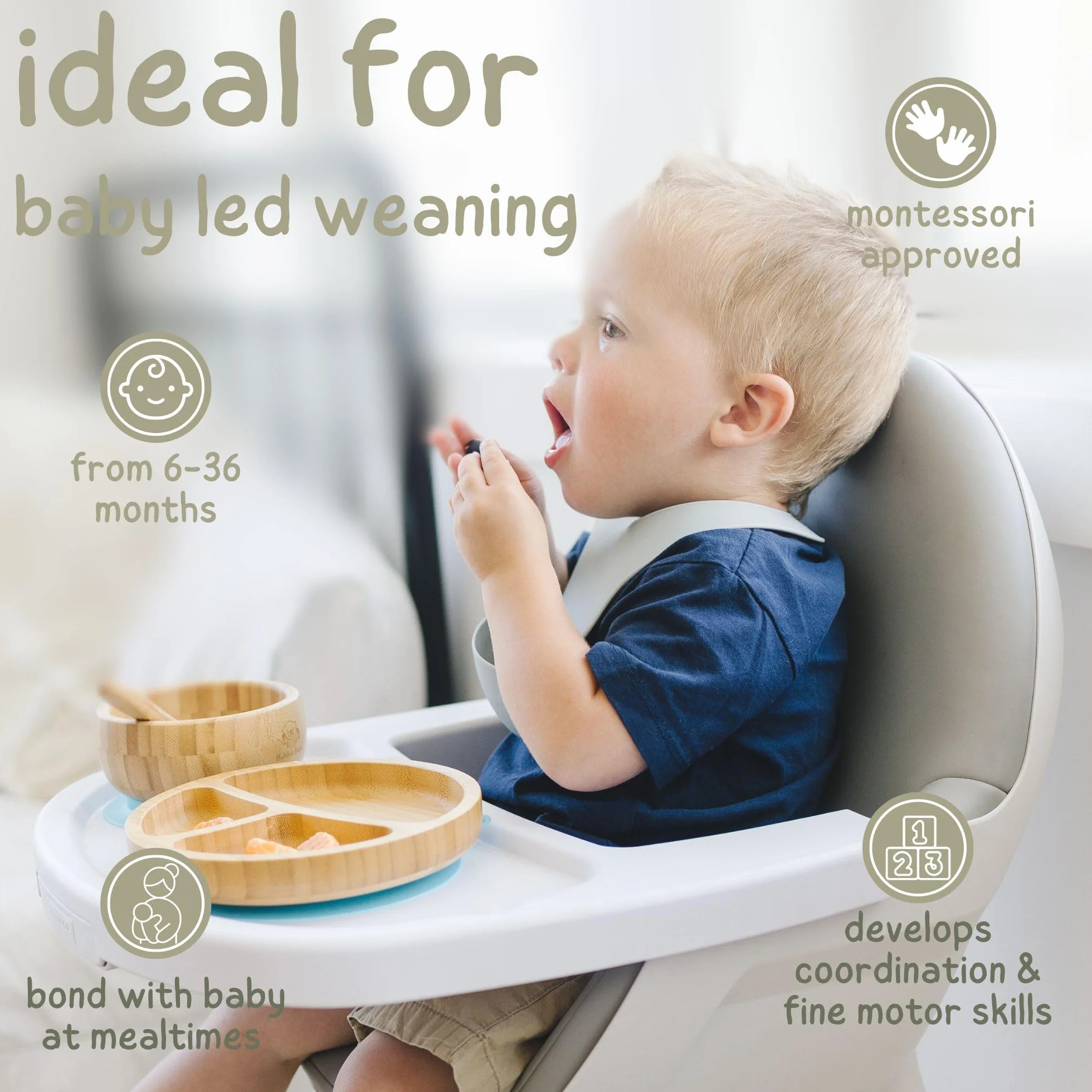 Bubba Bear Zestaw misek i talerzy z przyssawką dla niemowląt i małych dzieci | Weaning Bubba Bear e-book | zielony bambus