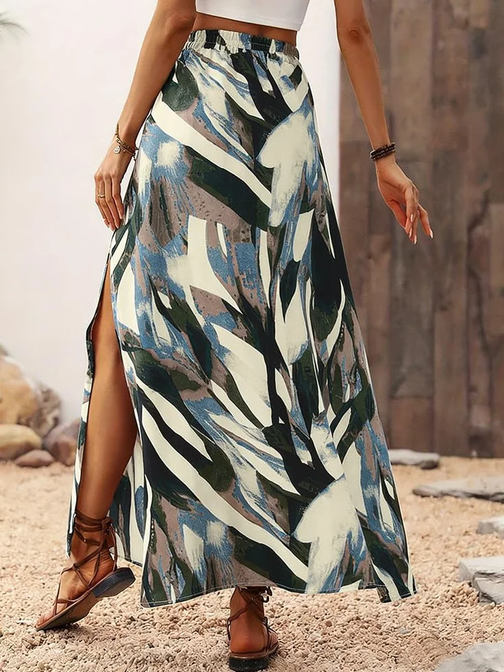 Spódnica damska, długa, elegancka spódnica maxi z nadrukiem, letnia spódnica z rozcięciem, linia A, letnia spódnica maxi, elastyczna, wysoka talia, spódnica plażowa, spódnica rekreacyjna