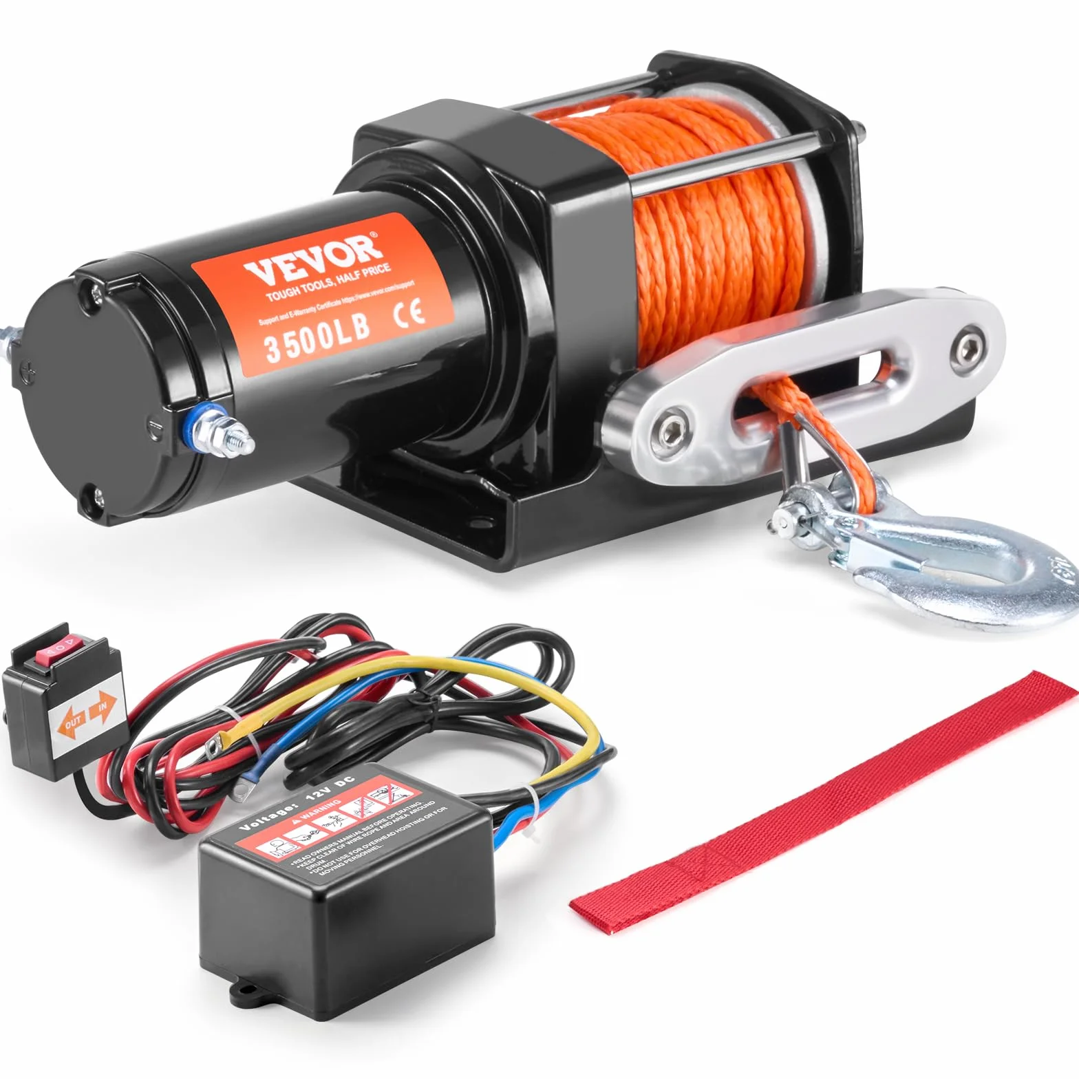 VEVOR Wciągarka elektryczna, zdolność ciągnięcia linii 3500 lbs / 1588 kg wciągarka ATV/UTV 12 V DC Φ0,5 x 1188,7 cm 12 drutów z liną syntetyczną, aluminiowy przewodowy pilot zdalnego sterowania