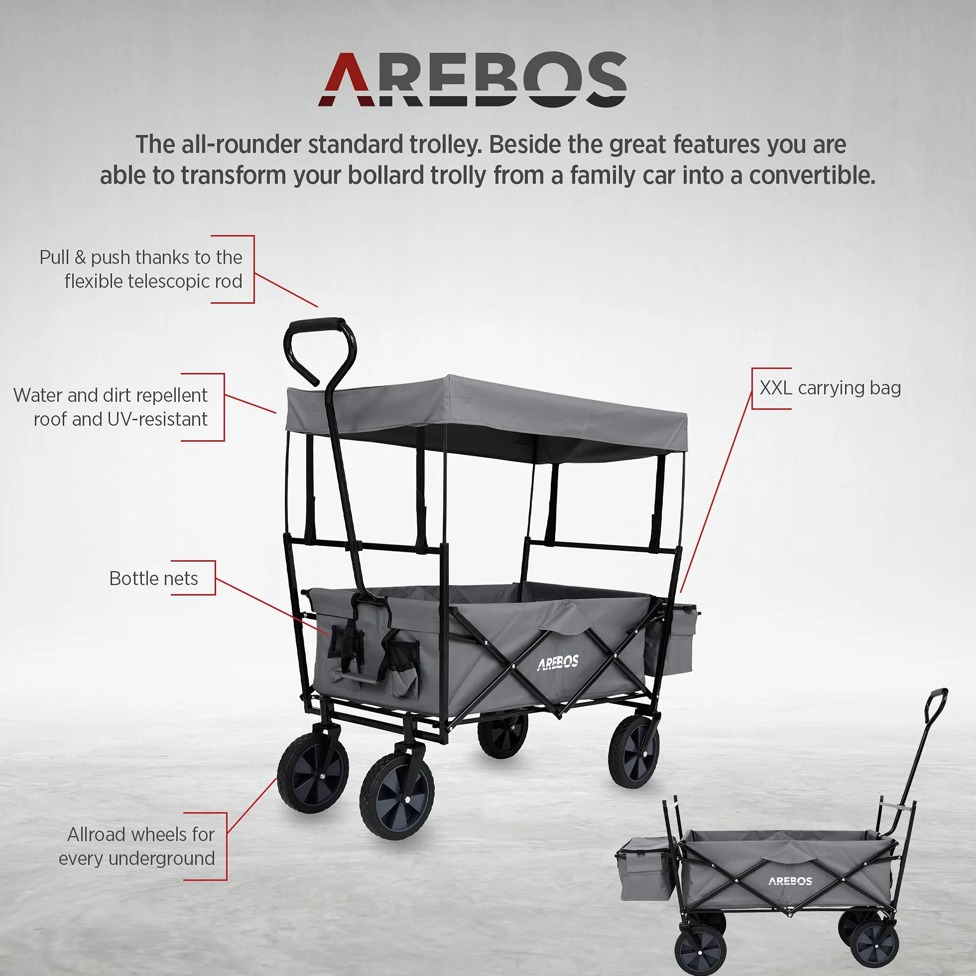 Arebos Wózek ręczny | Wózek transportowy | Wózek składany | Wózek narzędziowy z 2 kieszeniami siatkowymi i jedną kieszenią zewnętrzną | Składany | do 70 kg udźwigu | Opony z pełnej gumy 360°