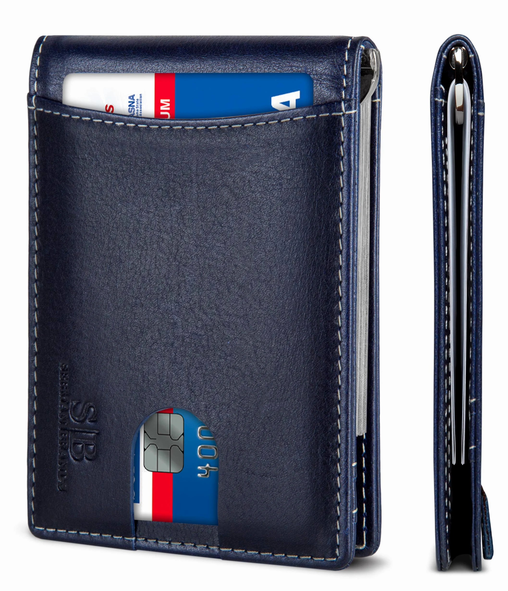 SERMAN Brands Blokowanie RFID, wąskie, podwójnie składane, z prawdziwej skóry, minimalistyczne portfele z przednią kieszenią dla mężczyzn z klipsem na pieniądze, cienkie męskie, Z. Atlantic Blue 1.0
