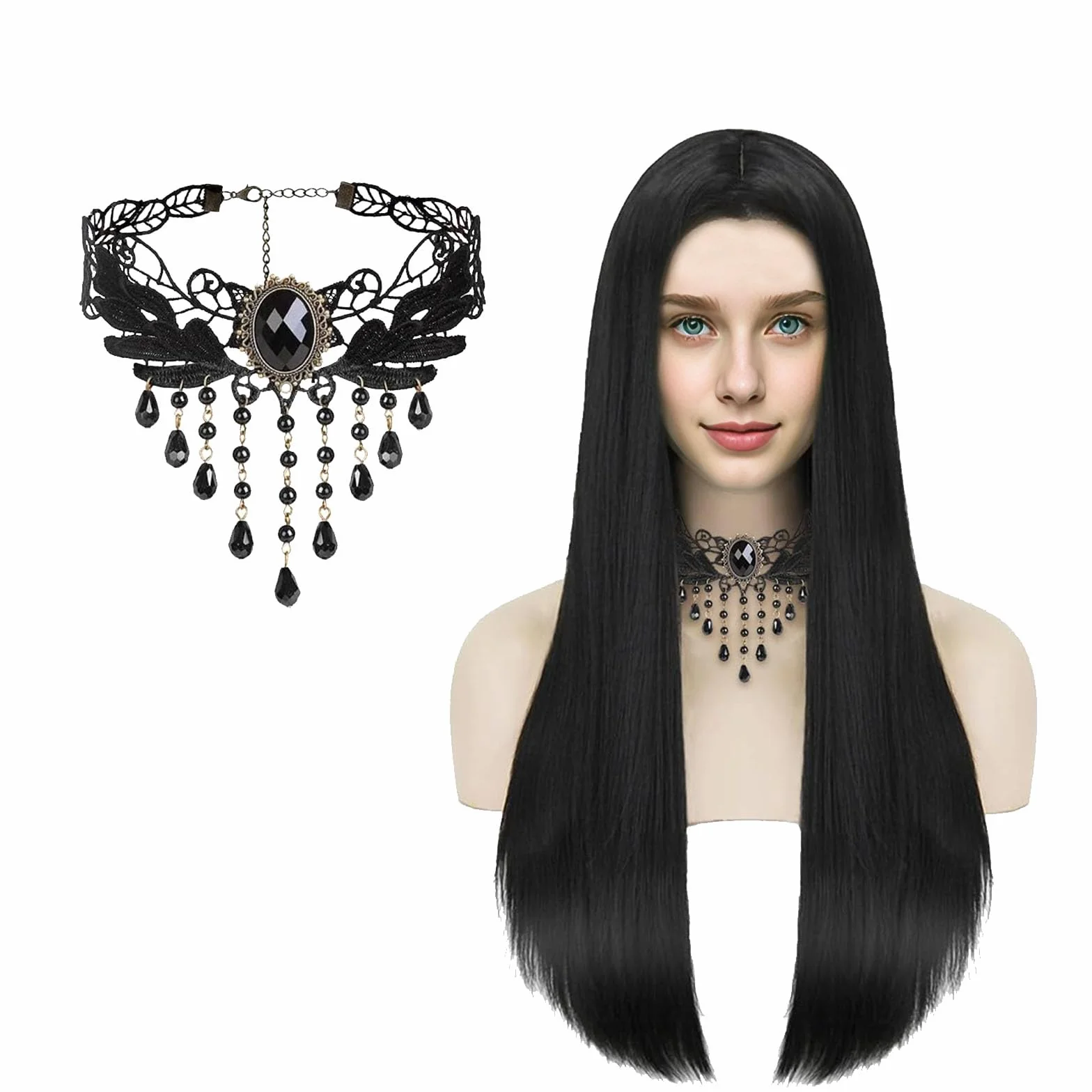 Peruka czarna kostium czarownicy dla kobiet z akcesoriami, kostium Morticia Addams na Cosplay, Halloween, karnawał i imprezy tematyczne