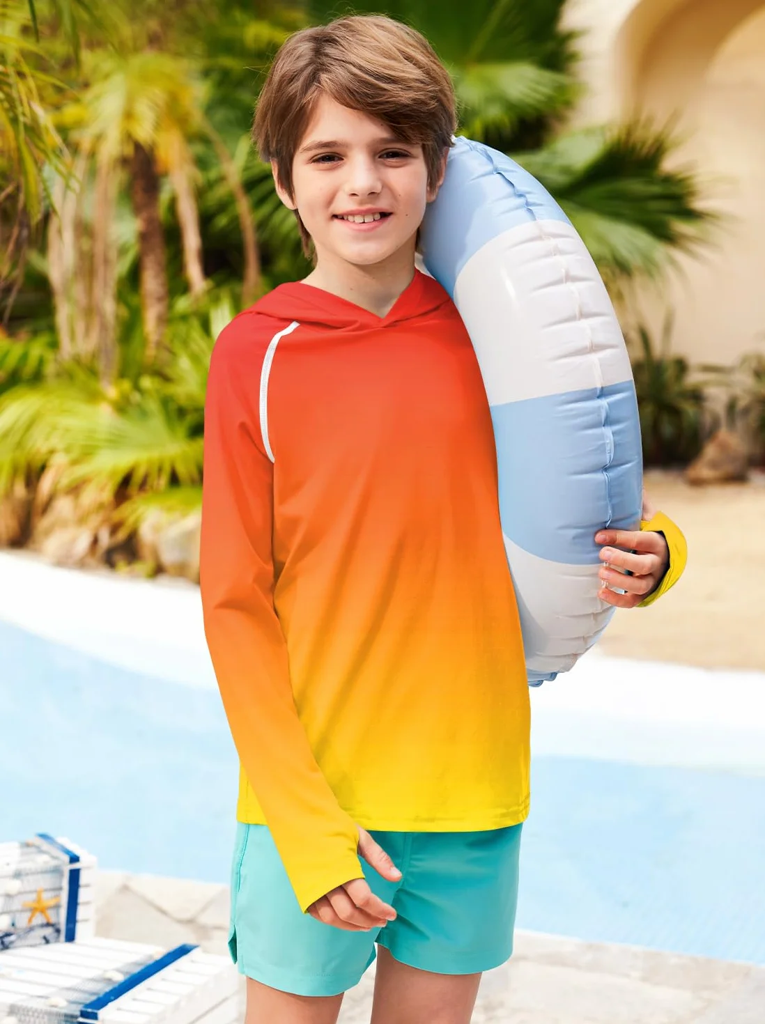 BesserBay Koszulka chłopięca UV z długim rękawem z kapturem UPF50+ Rashguard dzieci 120-160