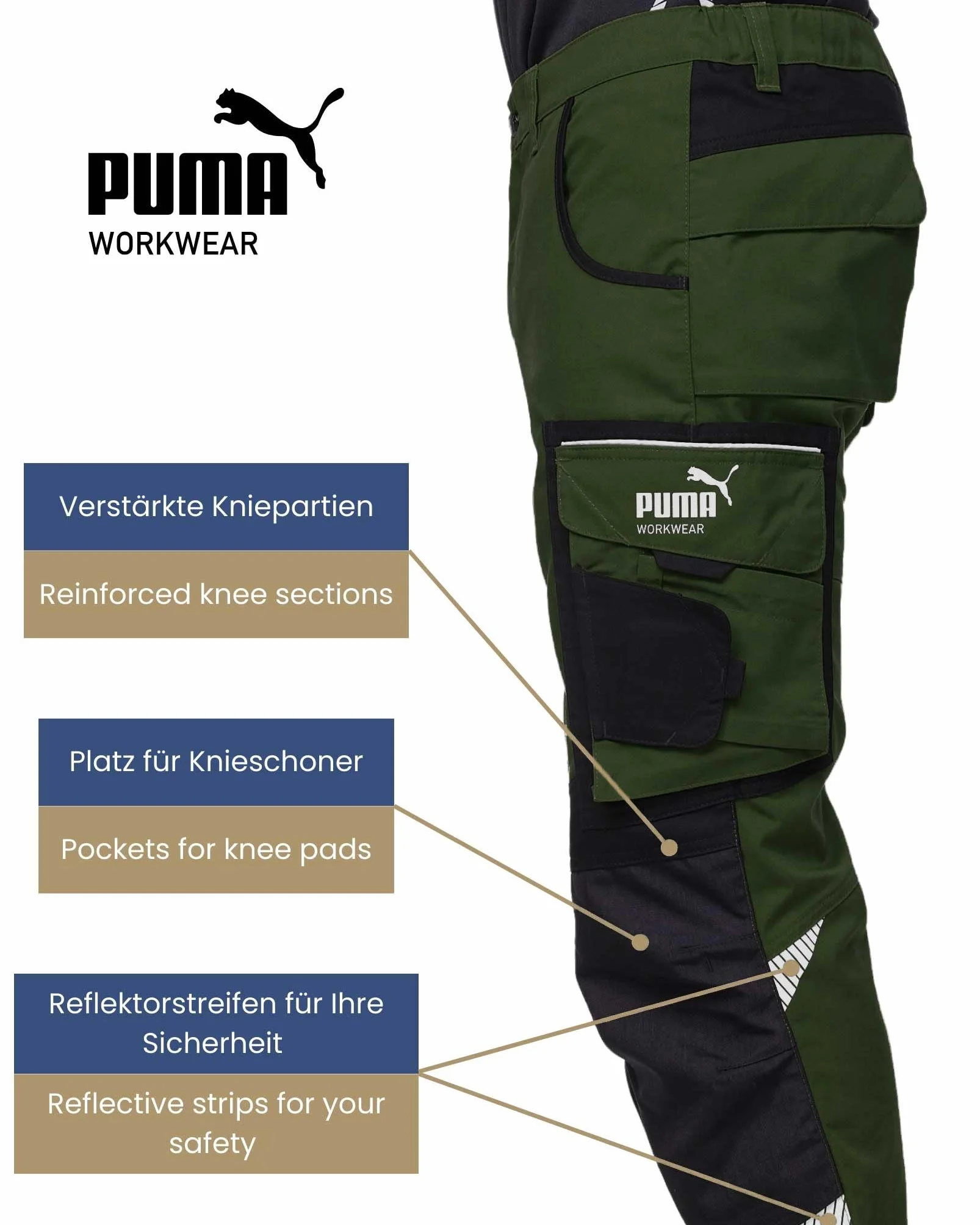 PUMA Workwear Spodnie robocze męskie Precision X z wieloma kieszeniami i wzmocnionymi kolanami